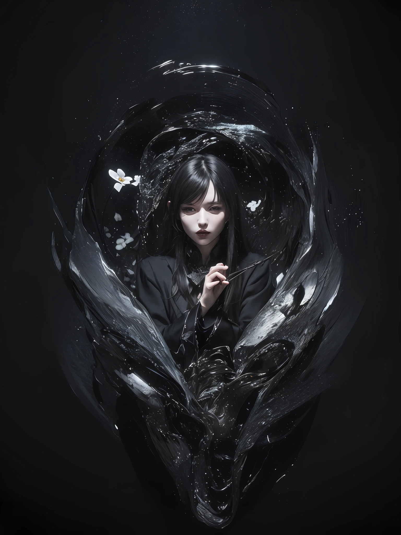 1girl, solo, official art, unity 8k wallpaper, ultra detailed, beautiful and aesthetic, masterpiece, best quality, photorealistic, (abstract background:1.5) (zentangle, mandala, tangle, entangle:0.7) Kitsune witch, fox mask, haori jacket, foxfire spell, fox familiar, transformation, depth of field, Fantastical Atmosphere, the most beautiful form of chaos, elegant, a brutalist designed dark theme, flower of death, ecstasy of flower