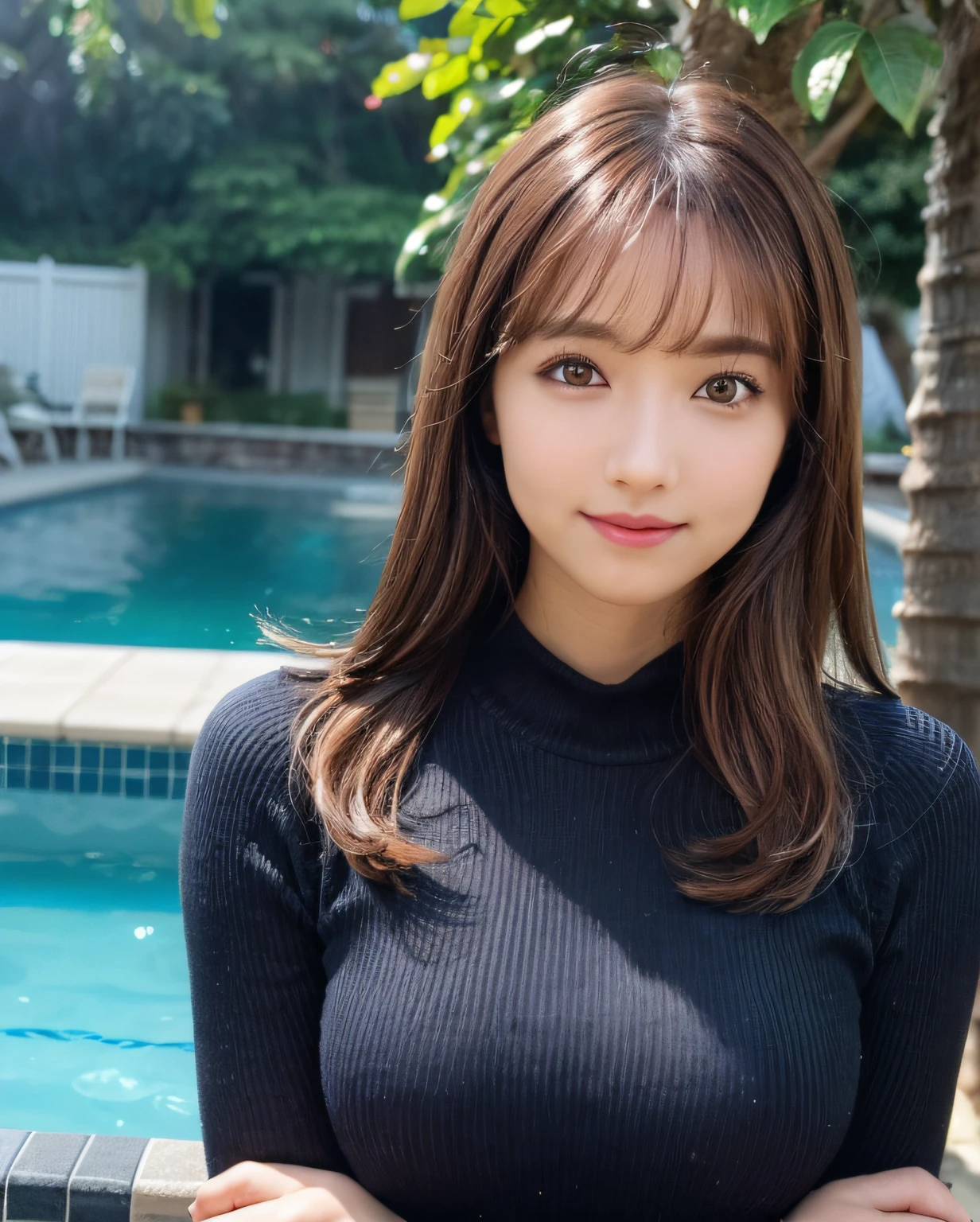 pureerosface_v1, best quality, photorealistic, 8k, high res, 1girl, woman, (skindentation), (portrait:0.6), gorgeous, dynamicpose, ((poolsidebackground:1.6)), coconut tree, ((mediumsize roundbreast, white highnecksweater:1.4)), straight-looking at viewer:1.8, (1girl eyes looking at viewer, medium-length hair,  brownhair, partedbangs:1.65), (bokeh), smile:1.2, (closed mouth:1.16),
