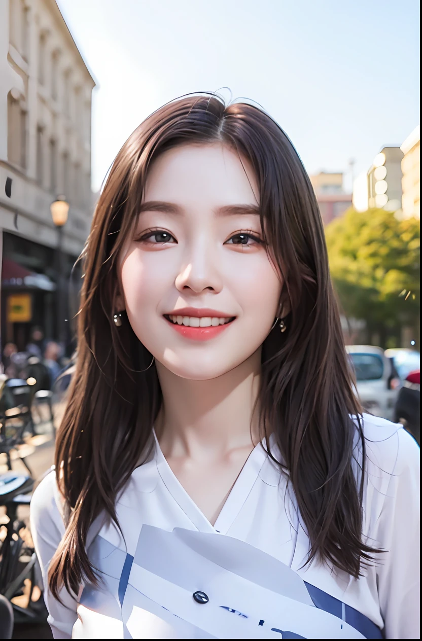 extremely detailed eyes, extremely detailed face, best quality ,masterpiece, extremely detailed, ultra-detailed, (realistic, photo-realistic:1.3), smile, (facing front), looking at viewer, white shirt, sunny day, outdoor, 1girl upperbody