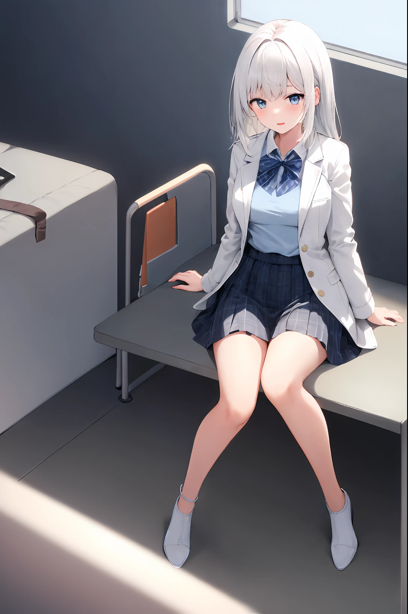 teens girl，blue colored eyes，long  white hair，starrysky，Short light blue skirt，Light blue top，White trench coat，