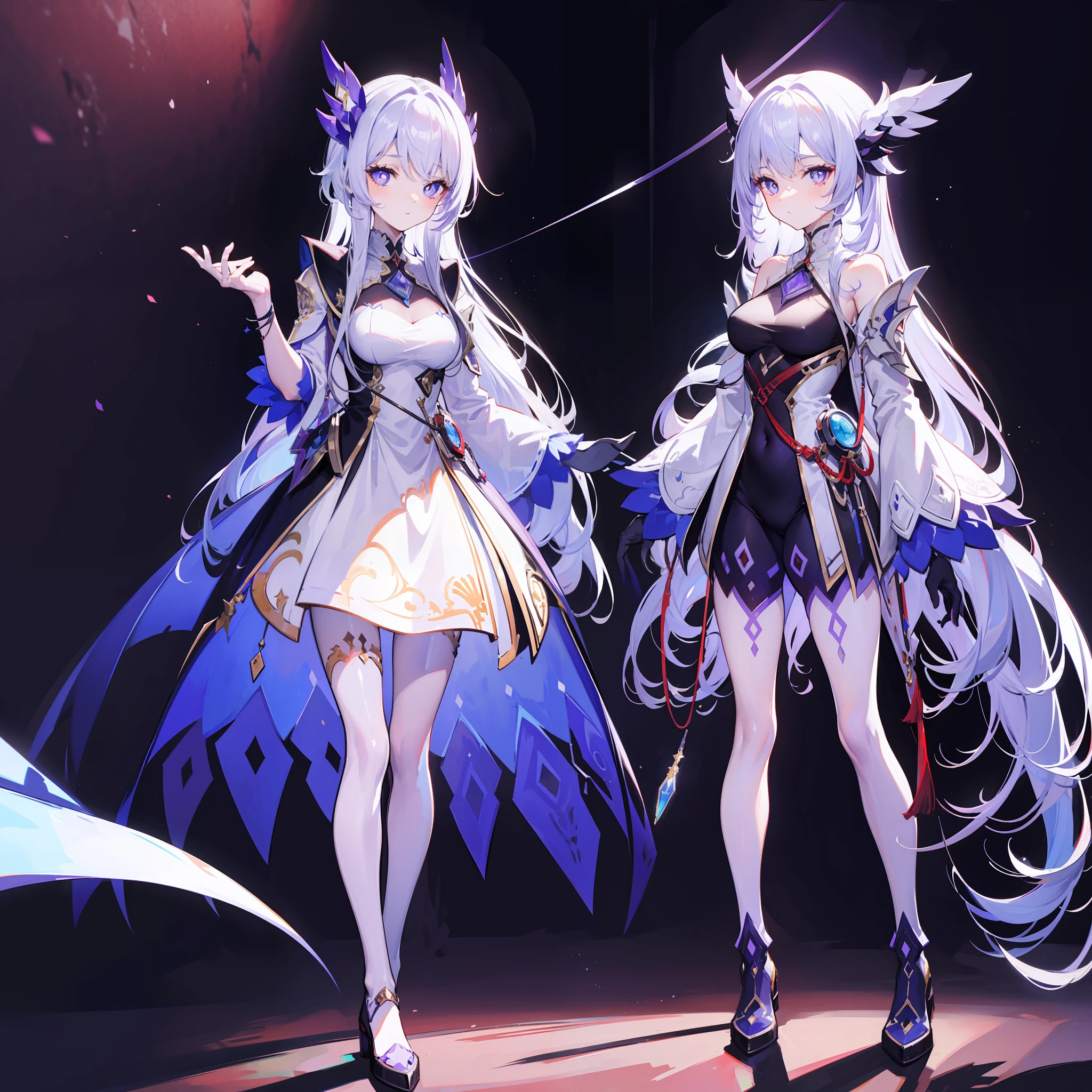 Light sci-fi,Ultra-clear,higher details,quadratic element,Standing painting,optics,Girl with long white hair,White-purple striped cape,Purple pupils,Need,outstanding
