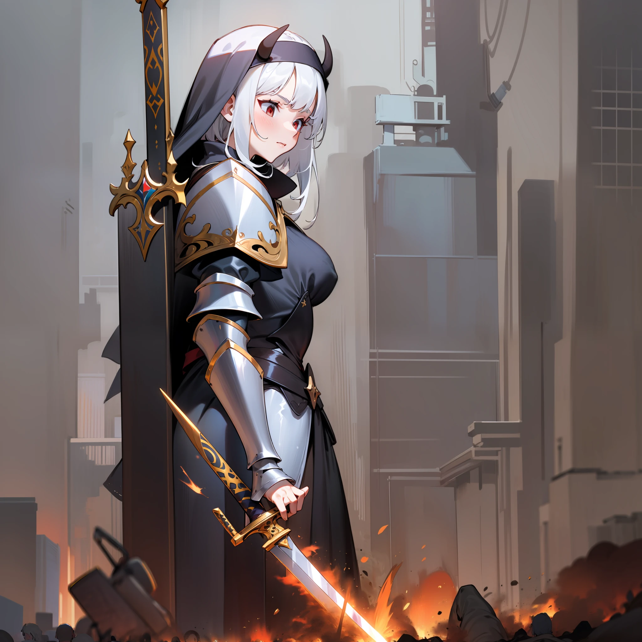 A heavy sword on his back,White-haired and red-eyed demon nun in heavy armor,Show,Need