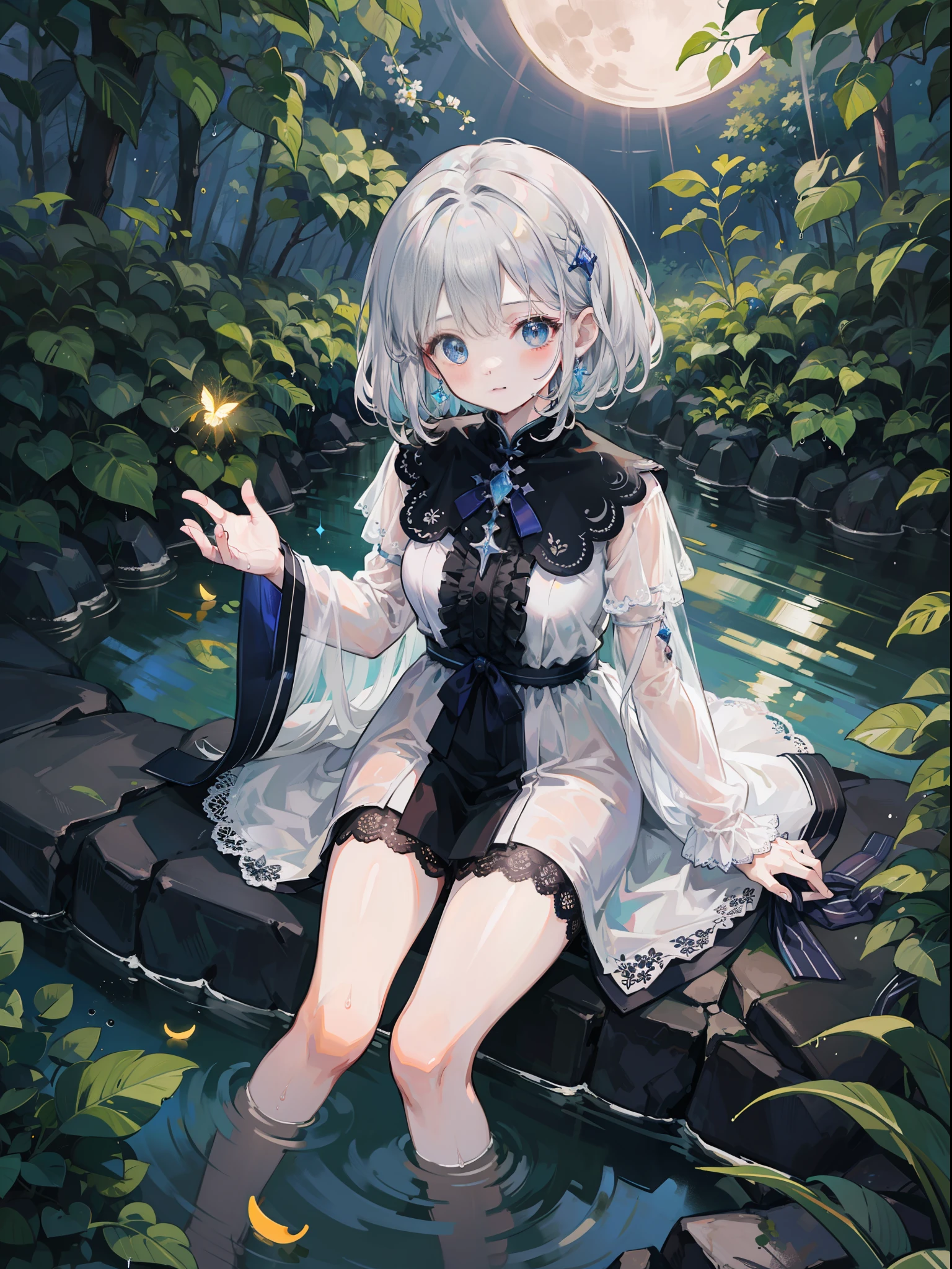 Fantastic and beautiful moonlight in pitch-black forest。View from above of a -yeld gi(Wet silver bob hair)。A slight smil。Wearing a long shawl with beautiful lace decoration。(Bathing in the dark forest at night)。(Hair or clothes are wet)。Water droplets dripping。Fantastic fireflies float in the air、Light also reflects off water。Near and far law。Glitter effect。Dynamic composition with depth。Extremely high quality、high-level image quality、Extremely delicate drawing。Rarely seen workmanship