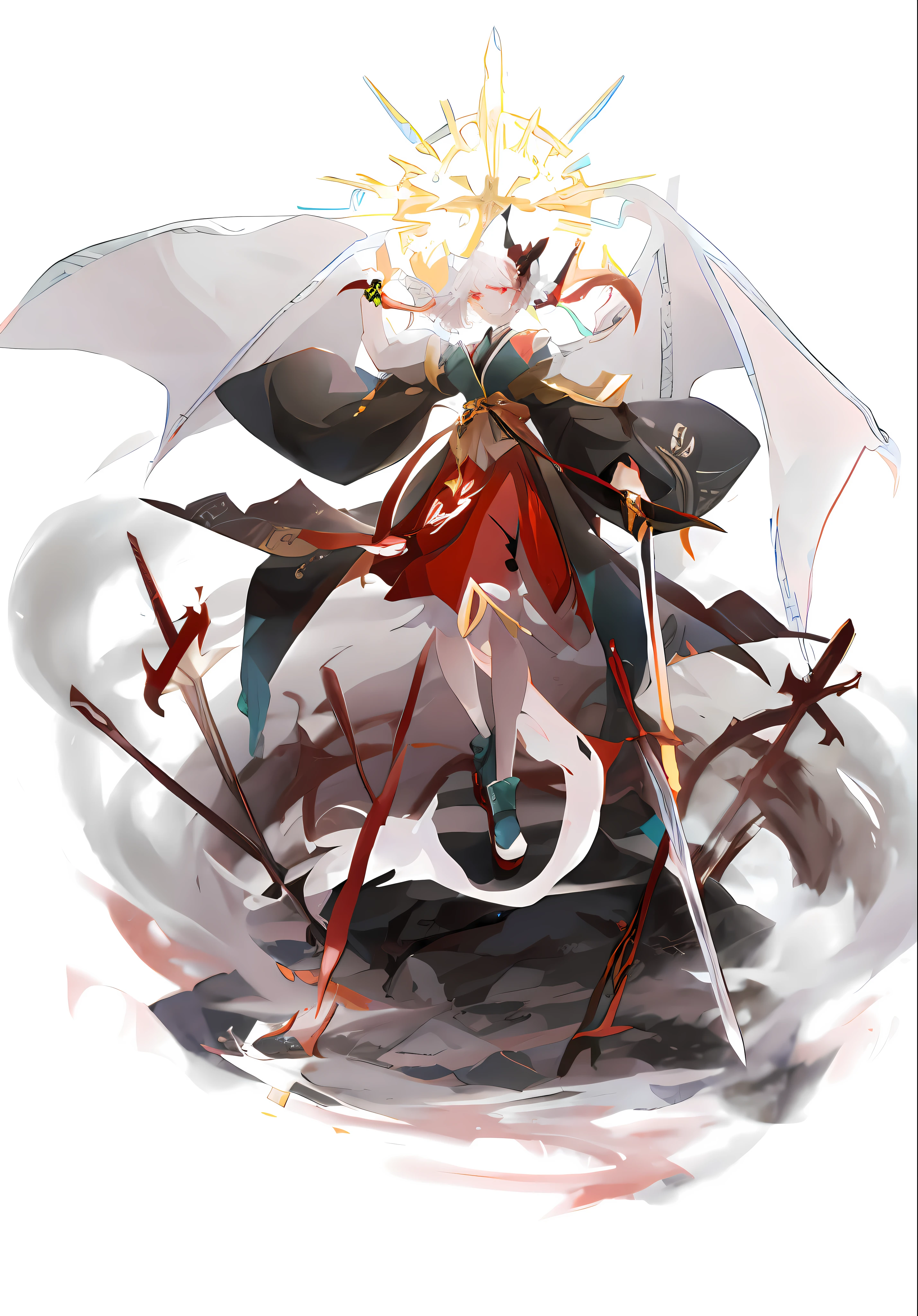 Anime characters with sword and shield on white background, Onmyoji detailed art, onmyoji, touhou character, Keqing from Genshin Impact, From Arknights, from touhou, human and dragon fusion, anime style like fate/stay night, drak, author:Shitao, touhou project official artwork, best anime character design --auto