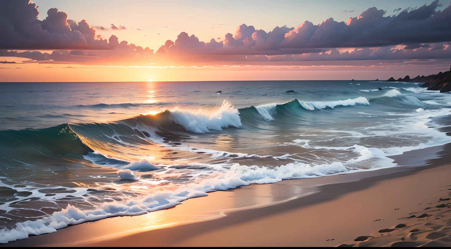 An absolutely mesmerizing sunset over the beach, com uma mistura de laranjas, Roses and yellows filling the sky. The crystal clear waters of the sea gently touching the coast, com uma praia de areia branca que se estende por toda parte. The scene is dynamic and breathtaking. Soak up the soothing atmosphere and let the tranquility take over you. --auto