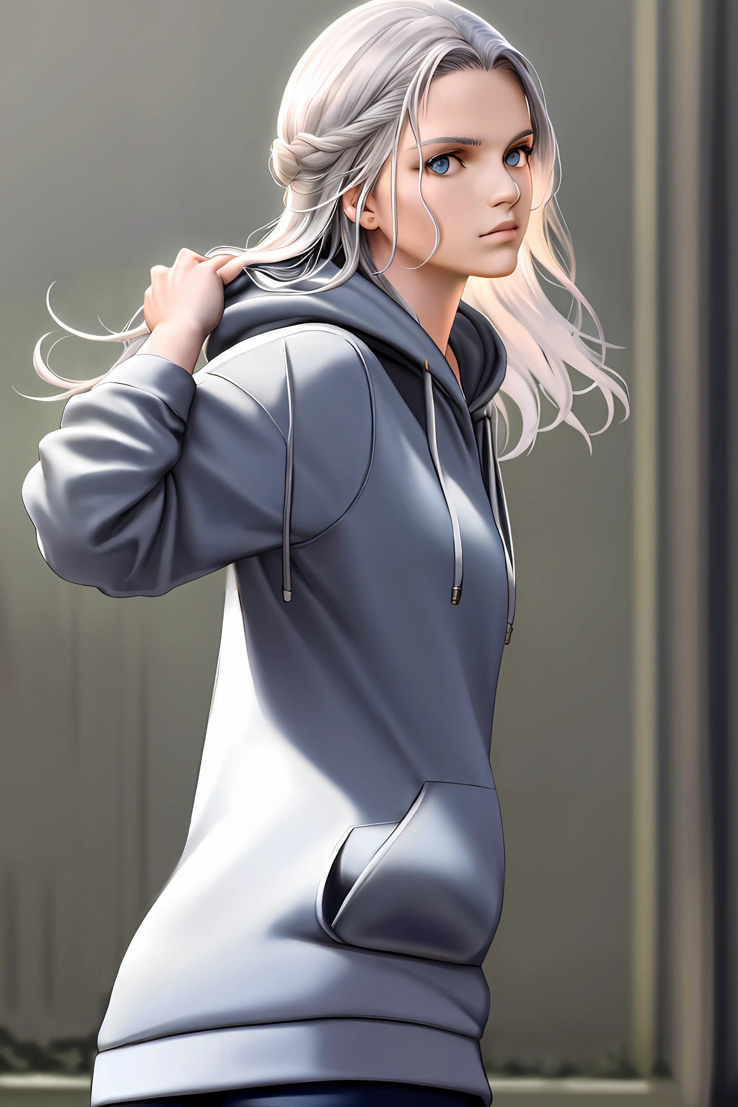 Masterpiece, Photorealistic, Ultra detail, 8K quality, girl wearing hoodie, Leaning on tennis, Tuck one hand into your pocket, Her other hand grabbed her hair, Stand sideways and look, Side face, Hair forward, Gray hoodie,