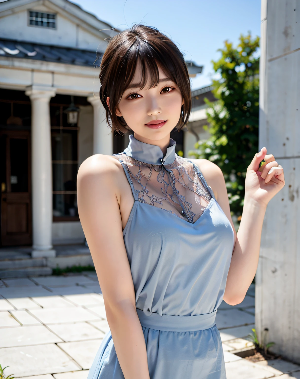 Woman posing on street corner in sheer lace dress、top-quality、女の子 1 a person、large full breasts、tag、with light glowing、Blur background、bokeh dof、outside of house、(street:0.8)、(a person々、crowd:1)、(lace-trimmed)doress:1.5、sleeveless dress、full bodyesbian、Light gray color clothes、Light grey color high neck dress:1.2、Light grey color dress:1.5)、a gorgeous(short-hair、forehead:1.2)、Sareme、Beautiful sky with details、耳Nipple Ring、 (The upper part of the body:0.8)、Soft lighting、the wind、glowy skin、a smile、Eyes closed、