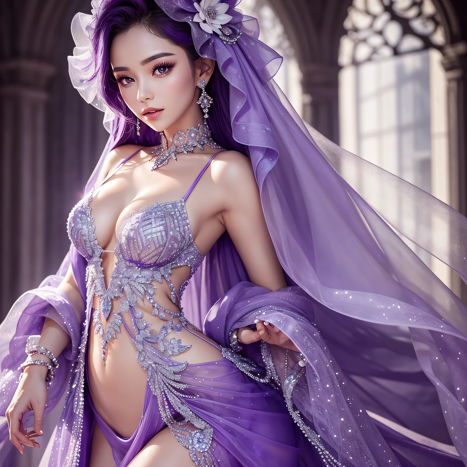Beautiful sexy woman,A plump chest,Slim waist,Perfect body proportion,Gorgeous Hair in Long Purple,largeeyes,Sexy lips slightly open,Snow-whiteskin,In his hand is a crystal flower,Tight translucent tulle,red high heel pumps,Delicate bracelet,Delicate facial expressions,Perfect makeup,Delicate skin,ssmile,There are shallow dimples, --auto