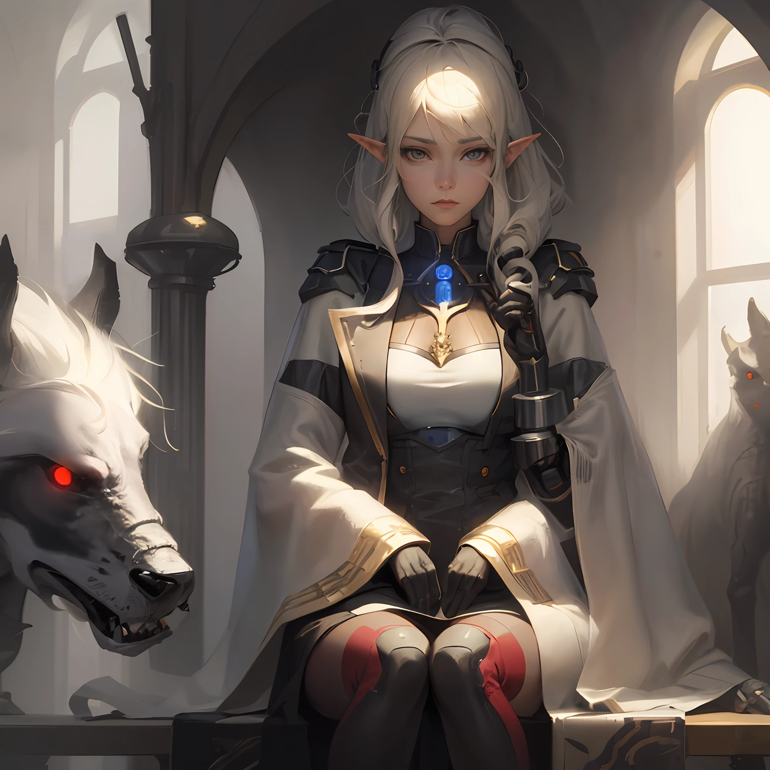 there is a woman that is sitting down on a bench,There is a robot, cyber punk style, High-tech laboratory of fantasy, Realistic fantasy illustration, 2. 5 D CGI anime fantasy artwork, 4K fantasy art, beautiful and elegant elf queen, fantasy style art, High quality fantasy art, guweiz masterpiece, Epic fantasy art style HD, detailed fantasy art