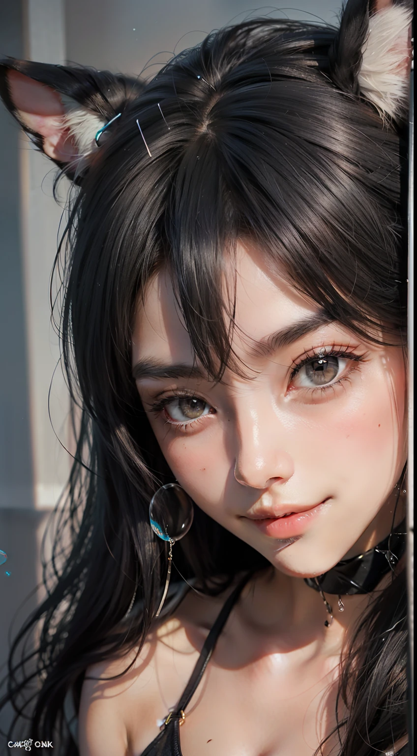 black hair man, hair bubbles, shudder, long eyelashes, solid circle eyes, fake animal ears, light smile, ear blush, prey, Surrealism, projected shadow, anaglyph, stereogram, tachi-e, pov, atmospheric perspective, 8k, super detail, precise, best quality