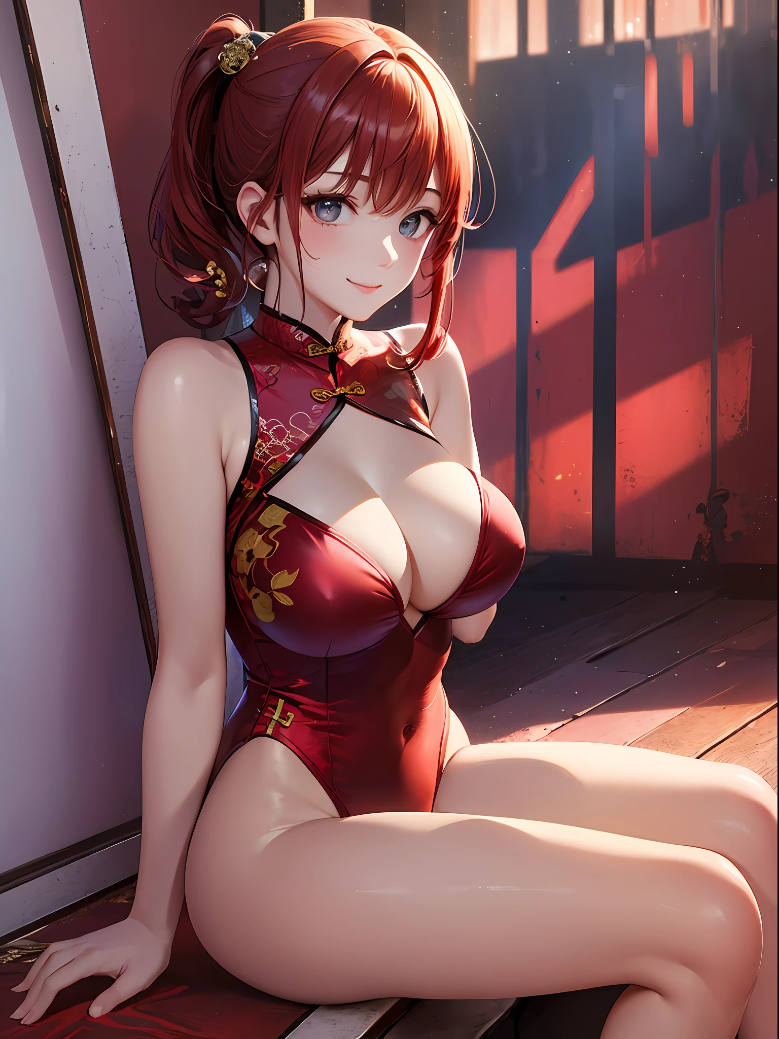 (top-quality: 1.3), (​masterpiece: 1.3), (The ultra-detailliert: 1.3), (wall-paper, one girls), ([Diamonds: 1.3|The eye]:1.2)、(Perfect beautiful cheongsam style red leotard:1.5)、(Red-haired:1.3)、Longhaire、poneyTail、(Beautiful Large Breasts:2.0)、fullllbody、Chinatown、ssmile、Open legs、Wearing nothing but a leotard、Frolicking