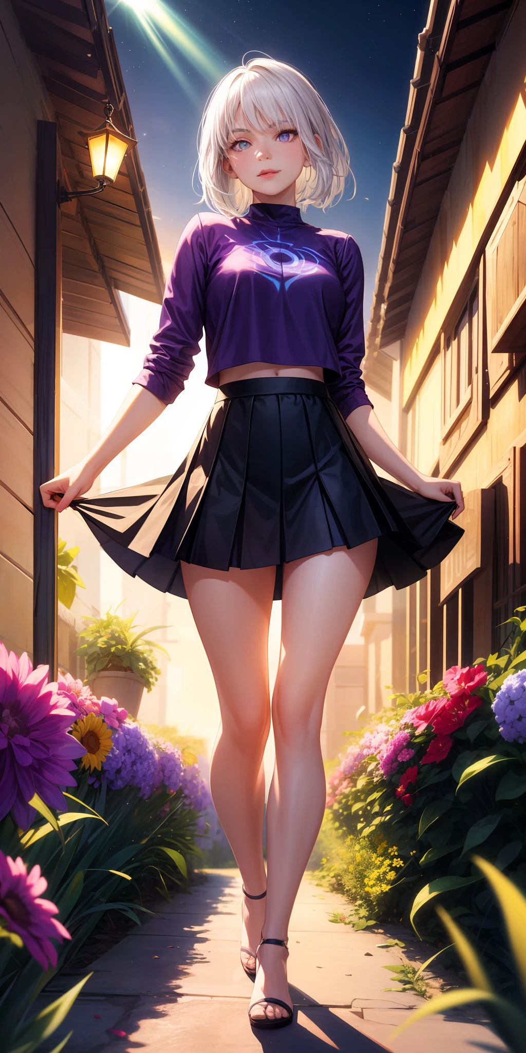 realisticlying,1girl,White hair,Purple eye,glowing light eyes,Cut the top,a skirt,parted lip,Be red in the face,the night,fresh flowers,suns,rays of sunshine,Long legs