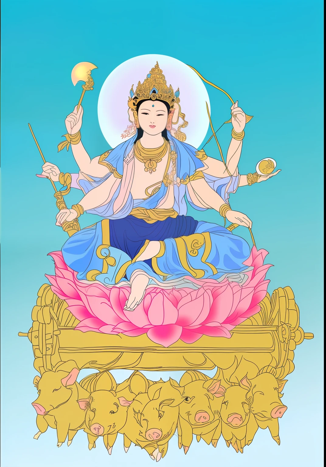 The beautiful female bodhisattva is three-headed and eight-armed,Sitting on the lotus of the golden cart,A total of eight hands hold various magic weapons,The ones on the right-hand side are;axe、arrow、stitches,The left hand holds the same;the bow、Cord、ligne,Bodhisattvas have fair skin,Wearing a golden crown,Bundle hair blonde,jewelry,Yingluo,Light blue dress,There are seven small golden pigs pulling carts side by side in front,There is a round light behind the bodhisattva,The light shines,Blue sky in the background,The characters come to life,Shadows are clear,The lighting is a front light,The light is uniform and bright,The characters are bright and natural,Photographic techniques,