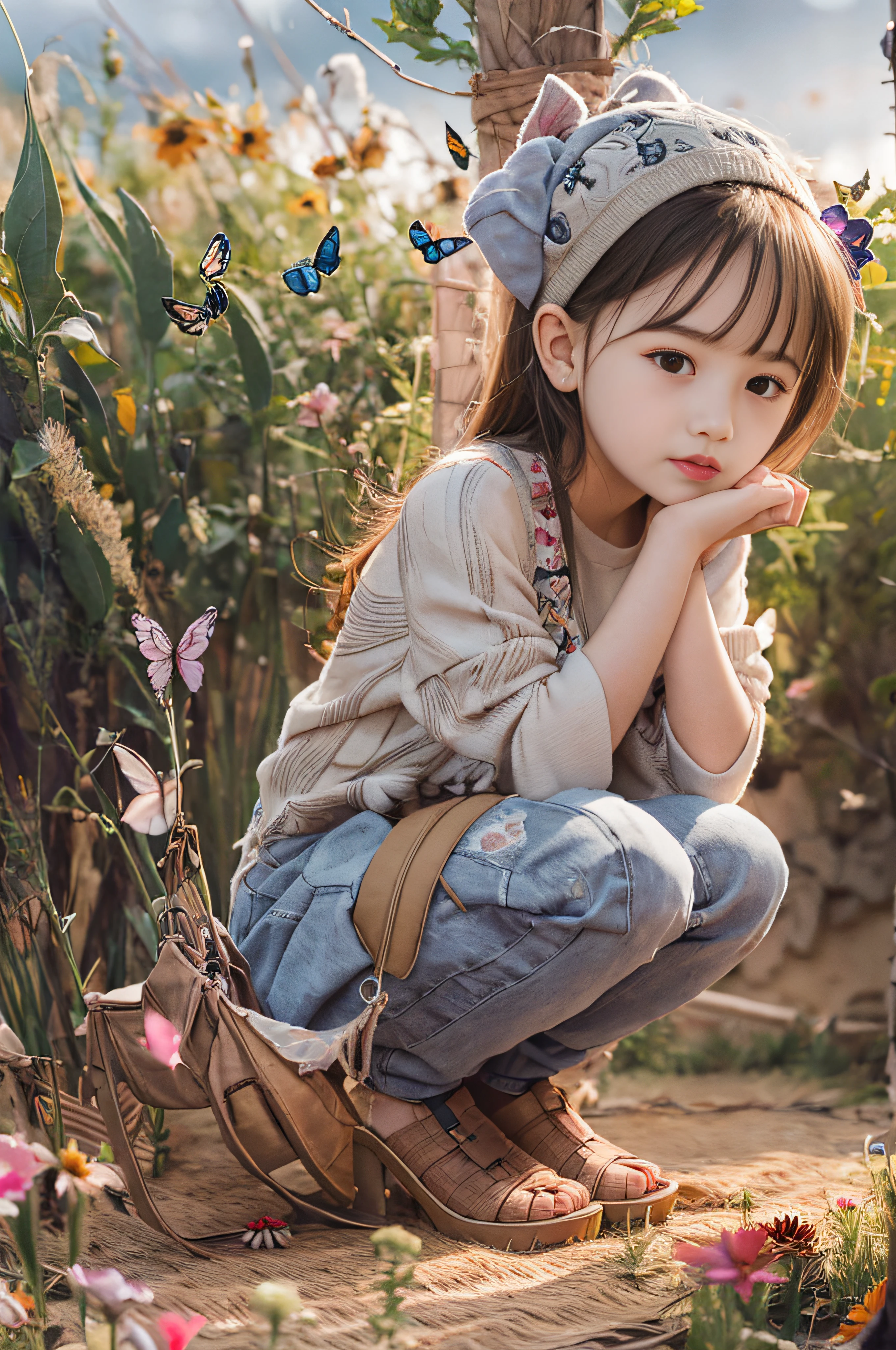 High Detail, Ultra Detail, 8K, Ultra High Resolution A cute and innocent girl, child, toddler, enjoying her time in the open field, surrounded by the beauty of nature, warm sun sprinkling on her, wildflowers gently swaying in the breeze. Butterflies and birds flutter around her, adding to the playful atmosphere,