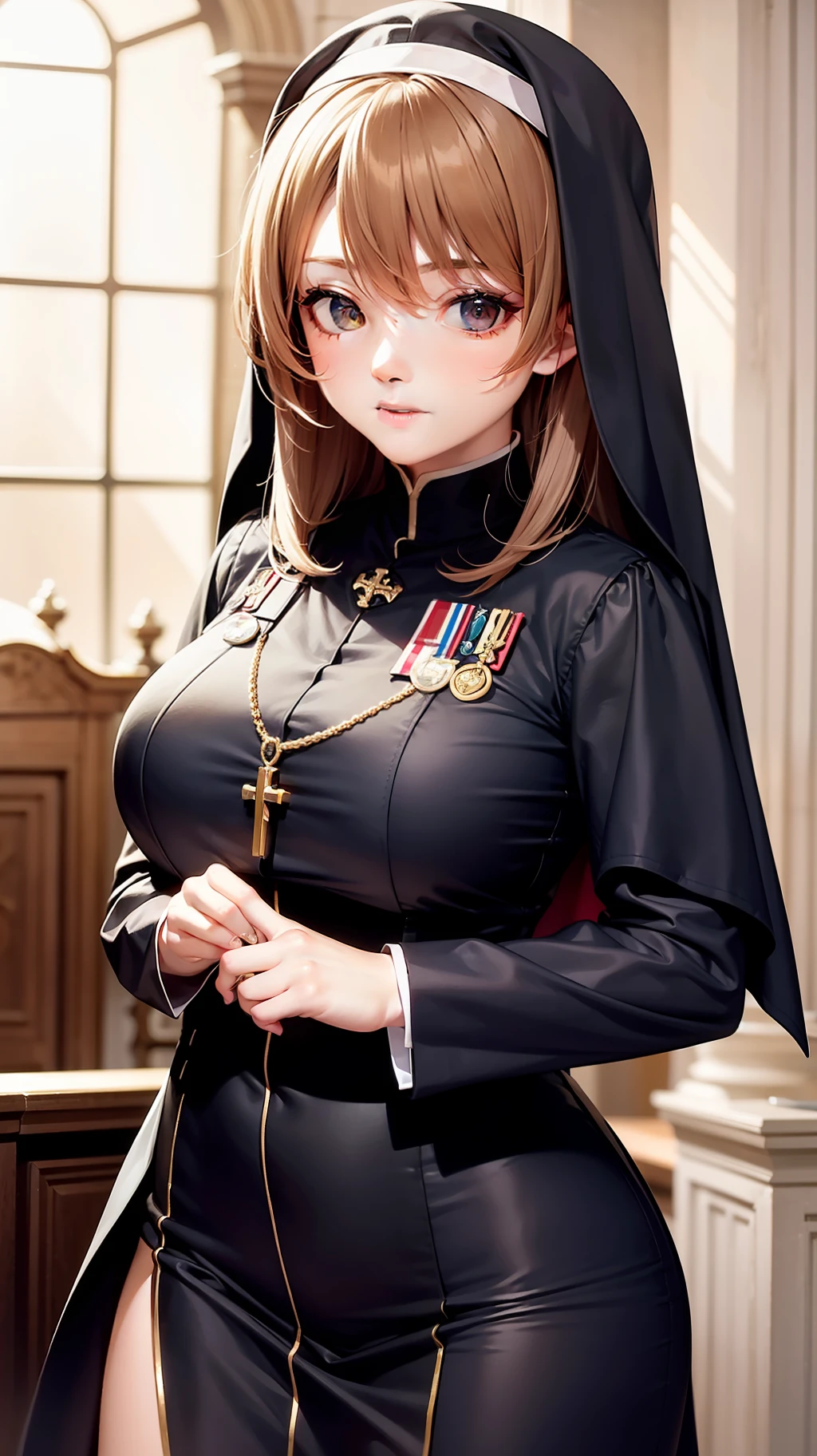 A ,The figure is bumpy,The hair is brown,Wearing a black priest's uniform,The priest's uniform is decorated with metal decorations