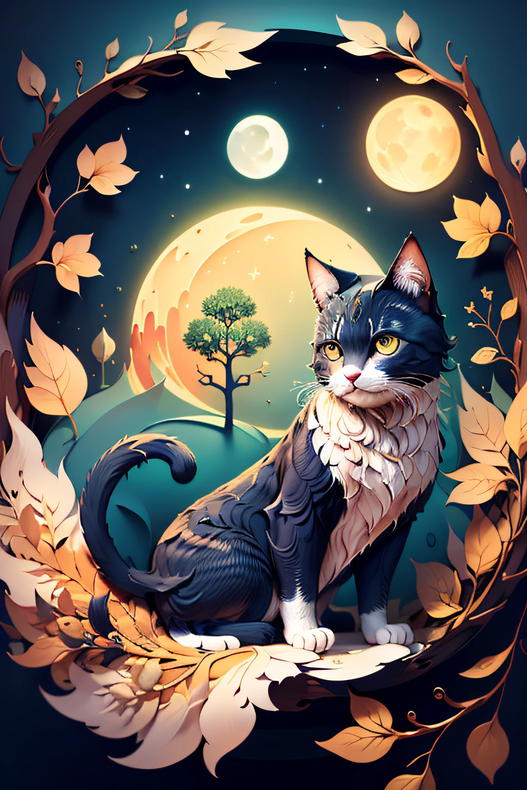 ((((masterpiece))), best quality, illustrations, beautiful details glow,
paper_cut, cat face details clear to the camera, tree, moon,