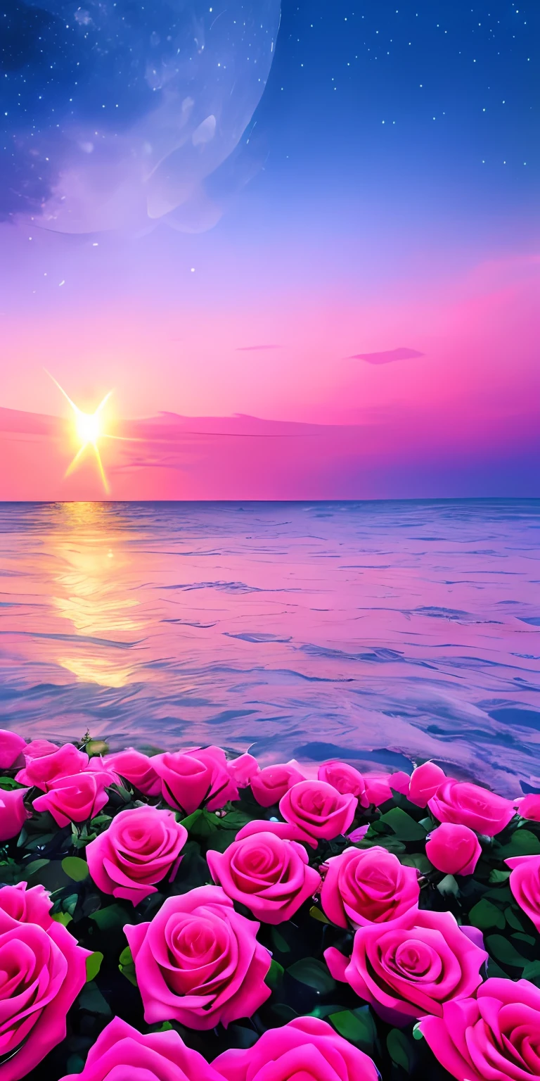 Pink moon, pink sky, soft pink clouds, pink ocean waves sparkling, sparkling, pink roses on pink ocean, fantasy, diamond, crown, universe, soft lights,