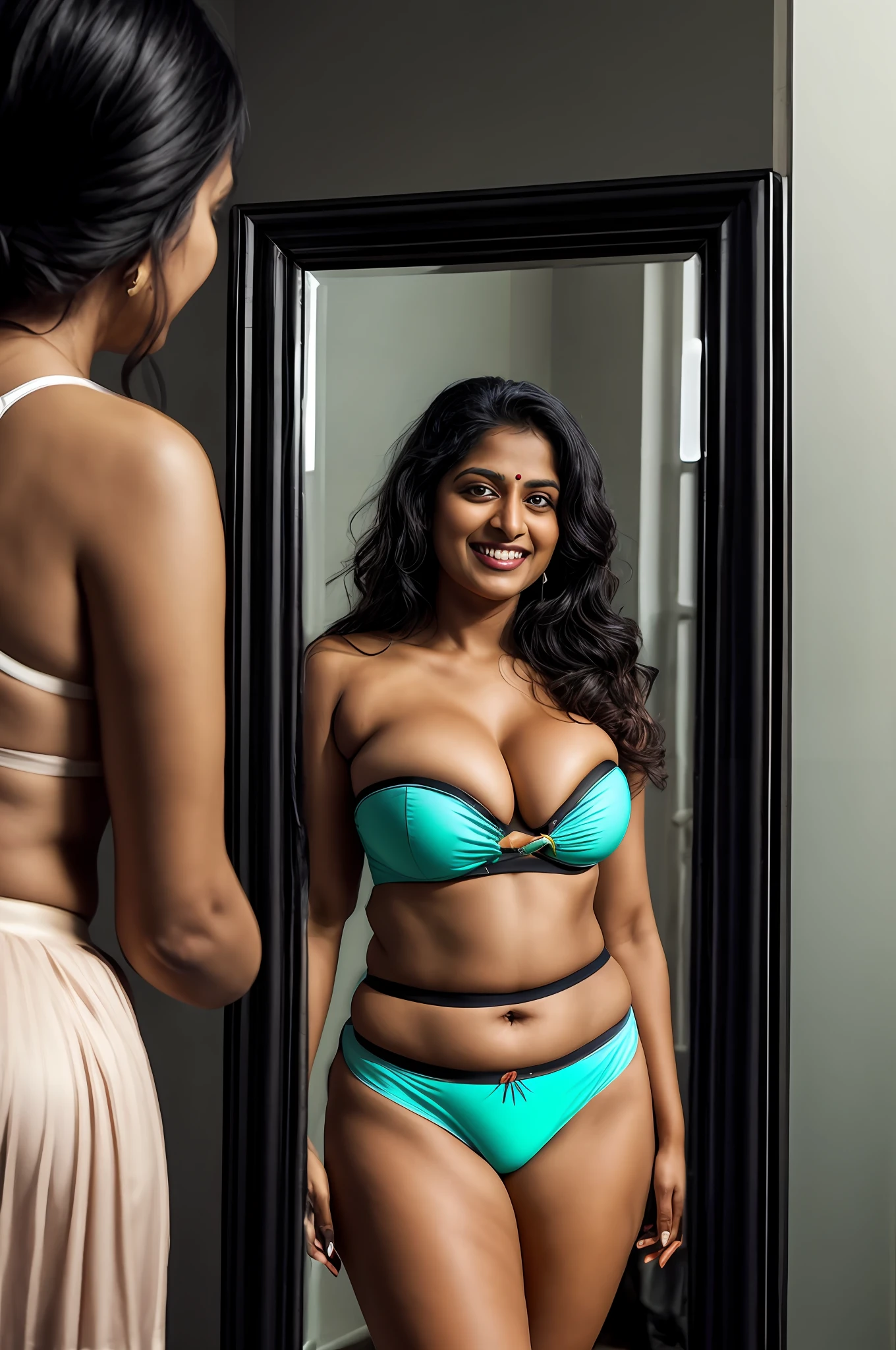 Indian woman wearing a strapless mikrokini, busty, v-neck, deep cleavage