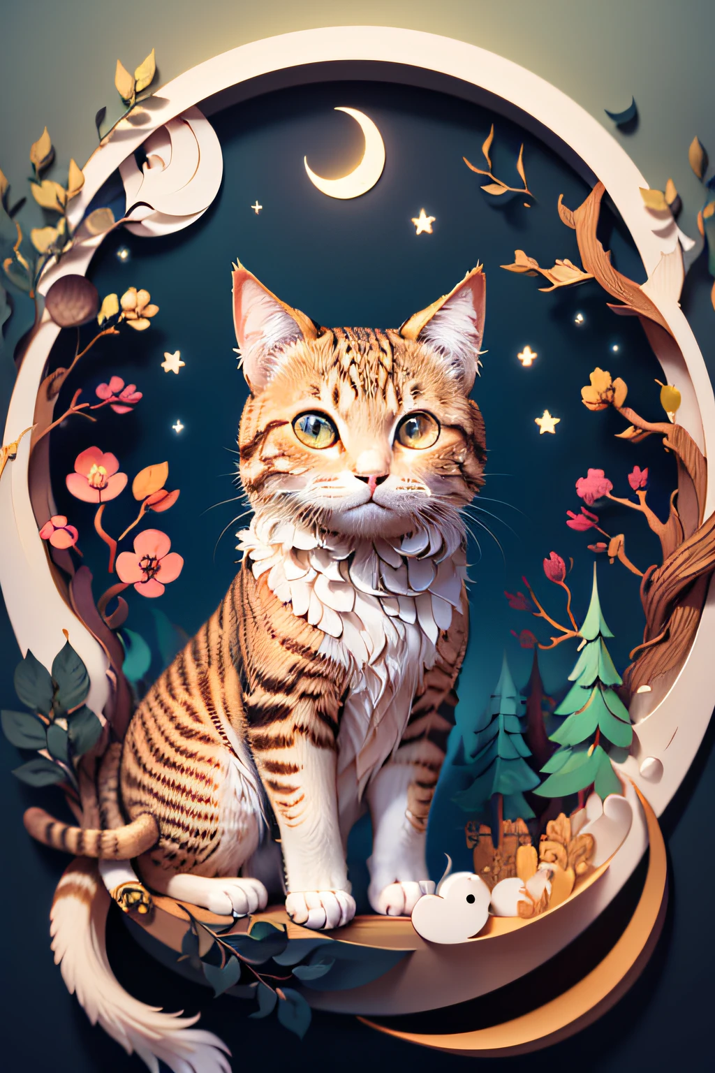 ((((masterpiece))), best quality, illustrations, beautiful details glow,
paper_cut, cat face details clear to the camera, tree, moon,
