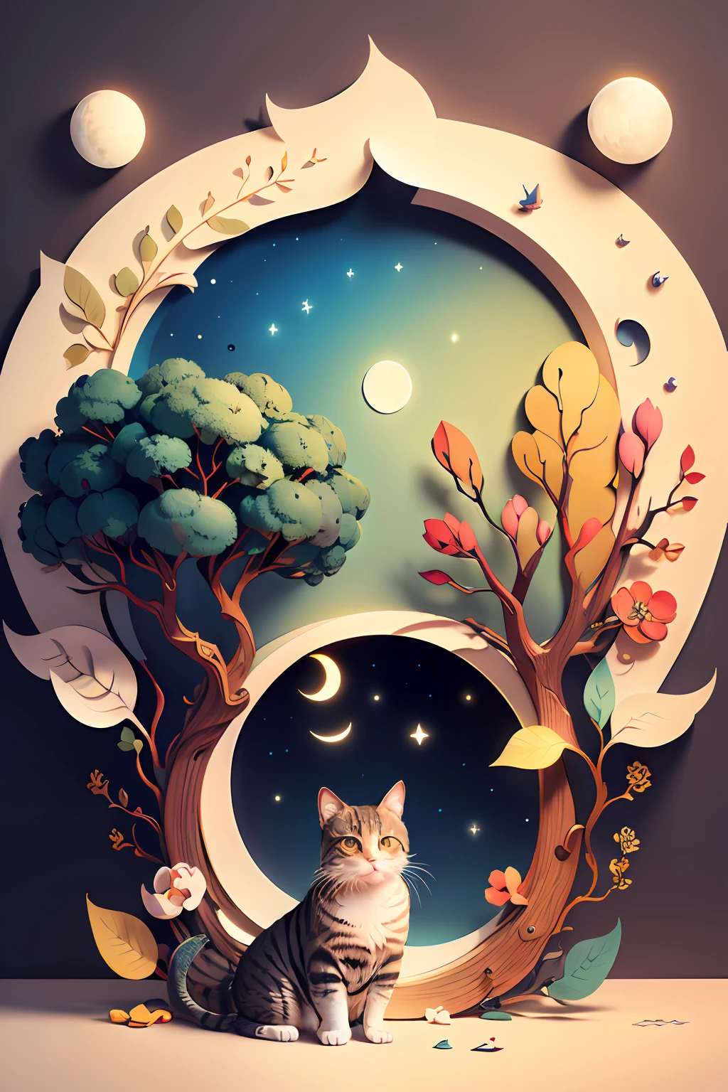 ((((masterpiece))), best quality, illustrations, beautiful details glow,
paper_cut, cat face details clear to the camera, tree, moon,