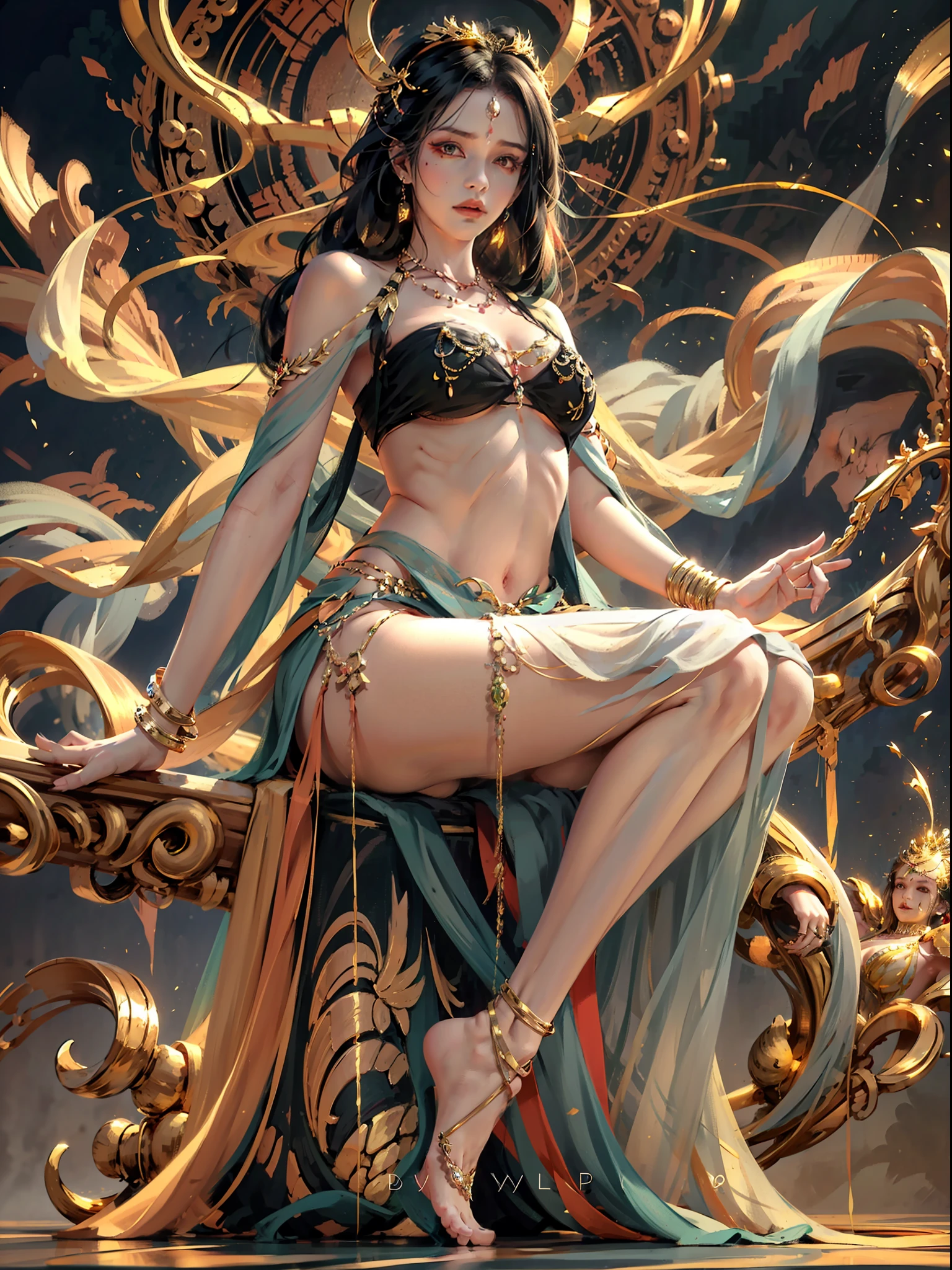 A masterpiece of an Indian princess, exquisite jewelry, delicate bracelet, delicate hair ornament, high on the feeling, aperture on the back, holding various weapons in her hand, looking up from the point of view, long legs, bare feet, golden bracelet on the ankle, ancient indian costumes, gorgeous silk, flowing tulle, dazzling background, golden aperture behind, gold throne behind, best light, best shadow, movie lighting, mystery, background pure black with ring aperture, ultra HD, 8k, Fair skin, Wolp_style, duhuang_style, upper body close-up, detailed face, professional classical dance moves, 24 years old, 1girl, well-dressed, super long clothes, black hole background, large breasts, deep cleavage