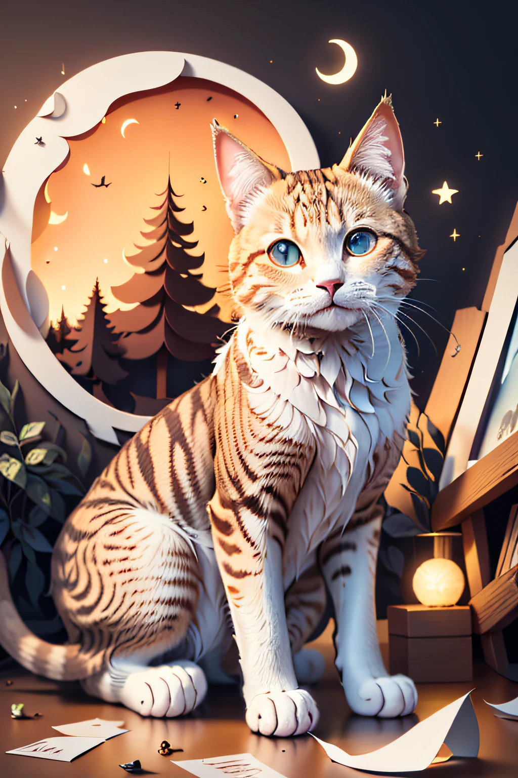 ((((masterpiece))), best quality, illustrations, beautiful details glow,
paper_cut, cat face details clear to the camera, tree, moon,