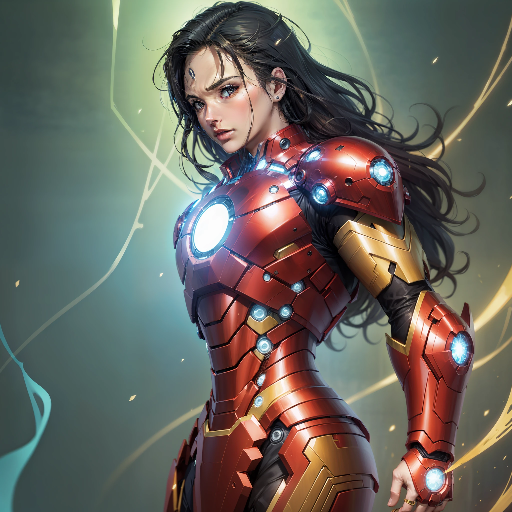 Gal Gadot in realistic Iron Man armor, portrayed through digital illustration inspired by the style of Alex Ross. Gal Gadot stands tall, donning the iconic Iron Man suit, radiating power and confidence. The image captures her poised in mid-action, surrounded by sparks and debris, with her gaze focused and determined. The color temperature leans towards a vibrant blend of red and gold, mirroring the suit's signature hues. The lighting accentuates the metallic reflections, highlighting every intricate detail of the armor. The atmosphere exudes a sense of electrifying energy and superheroic grandeur. --v 5 --stylize 1000