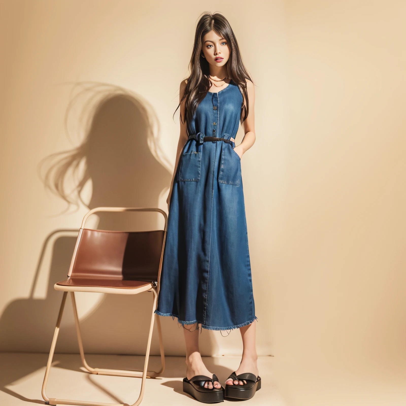 Arad woman in denim dress standing next to a chair, full - length view, Women's long skirt, Long dress, Trendy clothes, frock, Femme, 8k --height 768, full body wide shot, full body full height, wide full body, 8 k'' ), Denim, trendy dress, Thin waist, Waist high, h 7 0 4