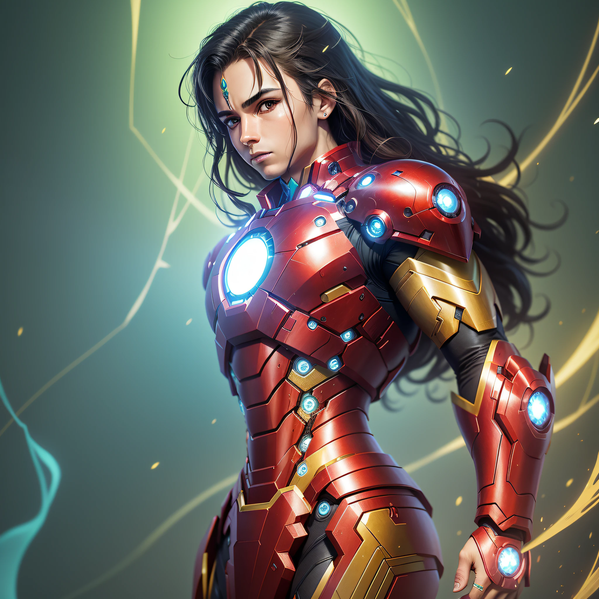 Gal Gadot in realistic Iron Man armor, portrayed through digital illustration inspired by the style of Alex Ross. Gal Gadot stands tall, donning the iconic Iron Man suit, radiating power and confidence. The image captures her poised in mid-action, surrounded by sparks and debris, with her gaze focused and determined. The color temperature leans towards a vibrant blend of red and gold, mirroring the suit's signature hues. The lighting accentuates the metallic reflections, highlighting every intricate detail of the armor. The atmosphere exudes a sense of electrifying energy and superheroic grandeur. --v 5 --stylize 1000