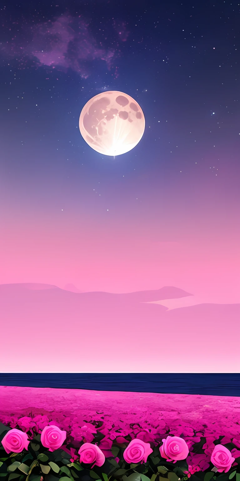 Pink moon, pink sky, soft pink clouds, pink ocean waves sparkling, sparkling, pink roses on pink ocean, fantasy, diamond, crown, universe, soft lights,