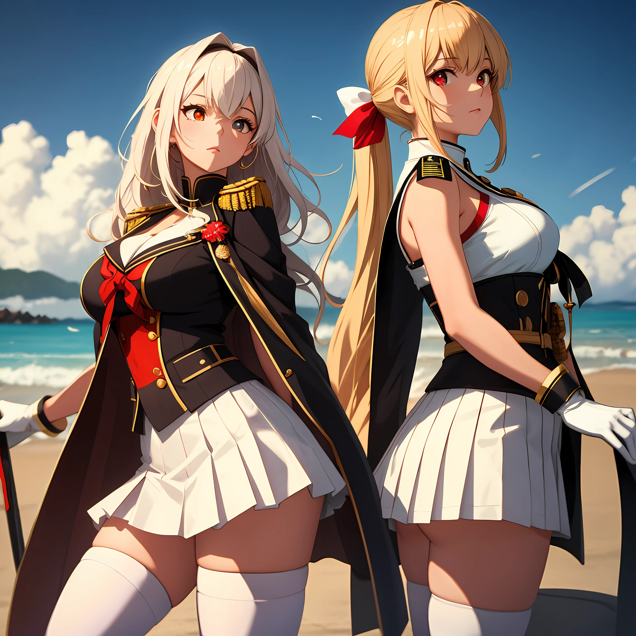 1girll，cabelos preto e longos，Qi bangs，Long ponytail，White bow hairpin，red pupils，beauitful face，crisp breasts，Convex buttocks，White military uniform，Double-breasted gold-tone clasp，White pleated skirt，Black stockings，White gloves，Japanese katana in hand，beachside，Naval warships，perfectly proportioned, Cinematic lighting, filmgrain, Fuji colors, lightand shade contrast, 8K, 巨作, Textured skin, Super detail, high detal, High quality, A high resolution,