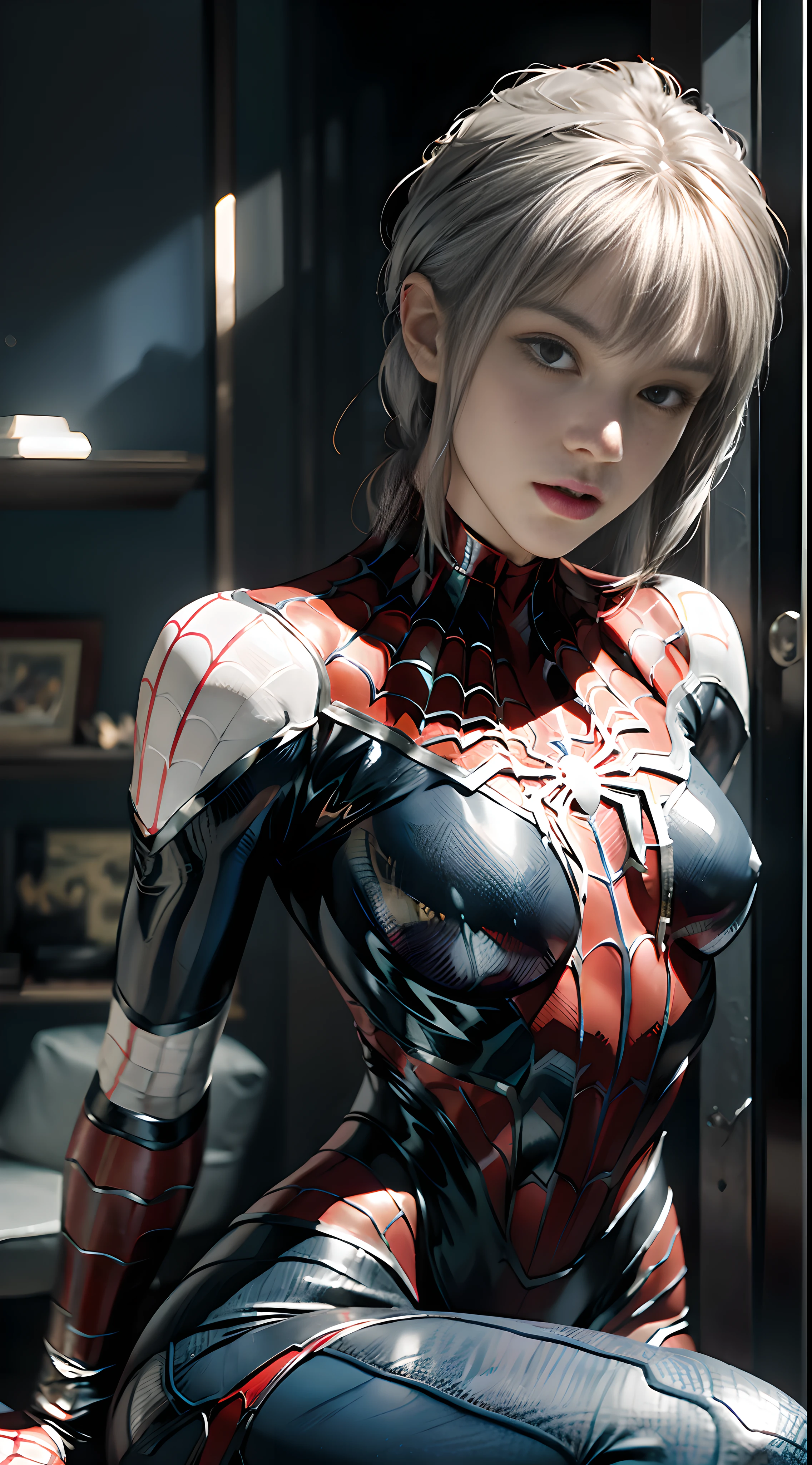 (Extreme Detail CG Unity 8K wallpaper, masterpiece, highest quality), (Exquisite lighting and shadow, highly dramatic picture, Cinematic lens effect), a girl in a white Spider-Man costume, silver gray hair color, from the Spider-Man parallel universe, Wenger, Marvel, Spider-Man, sitting on the couch, dynamic pose), (excellent detail, excellent lighting, wide angle), (excellent rendering, enough to stand out in its class), focus on white Spider-Man costumes, complex spider textures