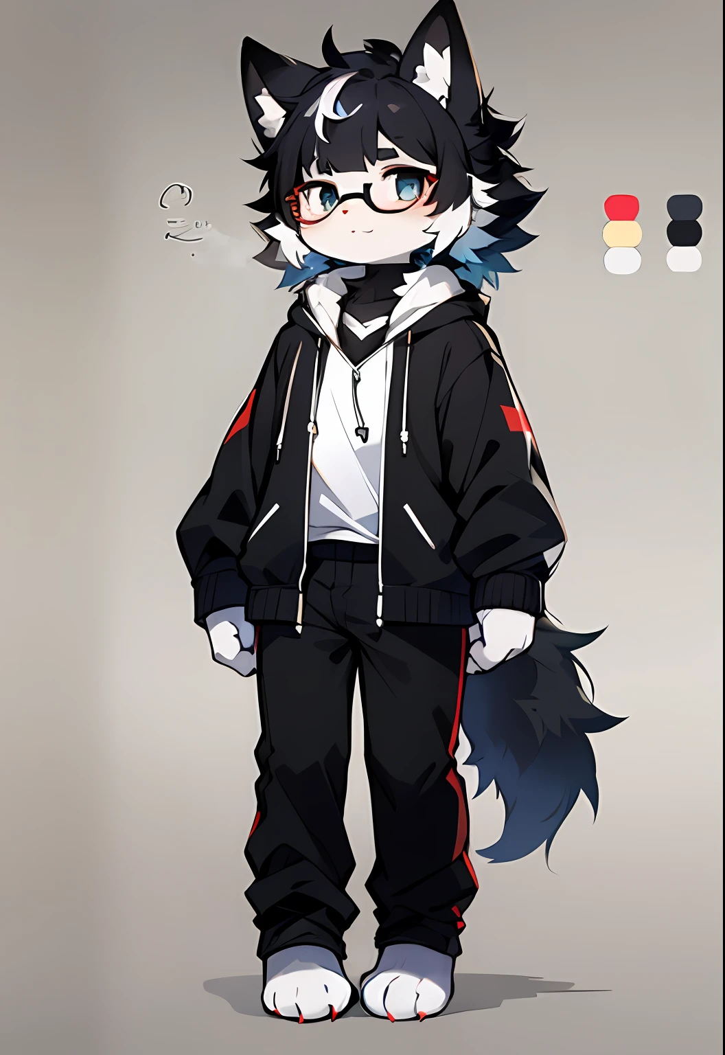 best qualtiy，hairy pubic，Ultra-fine fur，黑The eye，独奏，shaggy male，underage，Full Body Furry，Fluffy fur，Black color hair，White paws，Blue-white fur，Dark blue sweatshirt，Long black pants，grey ears，Gradient hair，multicolored hair，Black glasses，Fluffy tail，red striped，short detailed hair，Blunt bangs，hooding，Nudy，hyper cute face，reference sheet