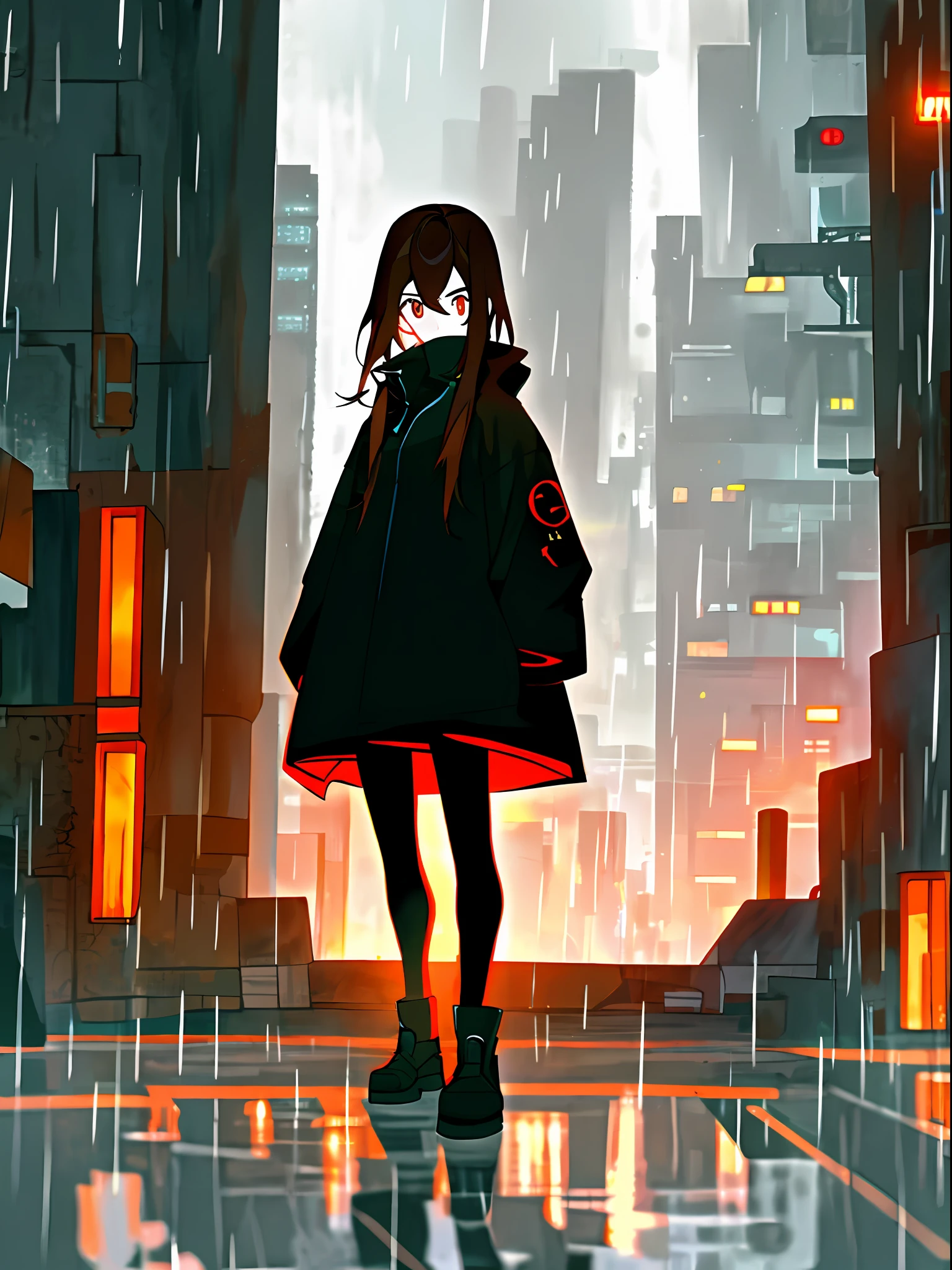Rain at night，The background is a cyberpunk-style city street。A teenage girl in a black raincoat，Dark brown hair，A girl with three nothings，Standing on an abandoned construction site，The picture quality and detail are extremely high，Best image quality，HD graphics。