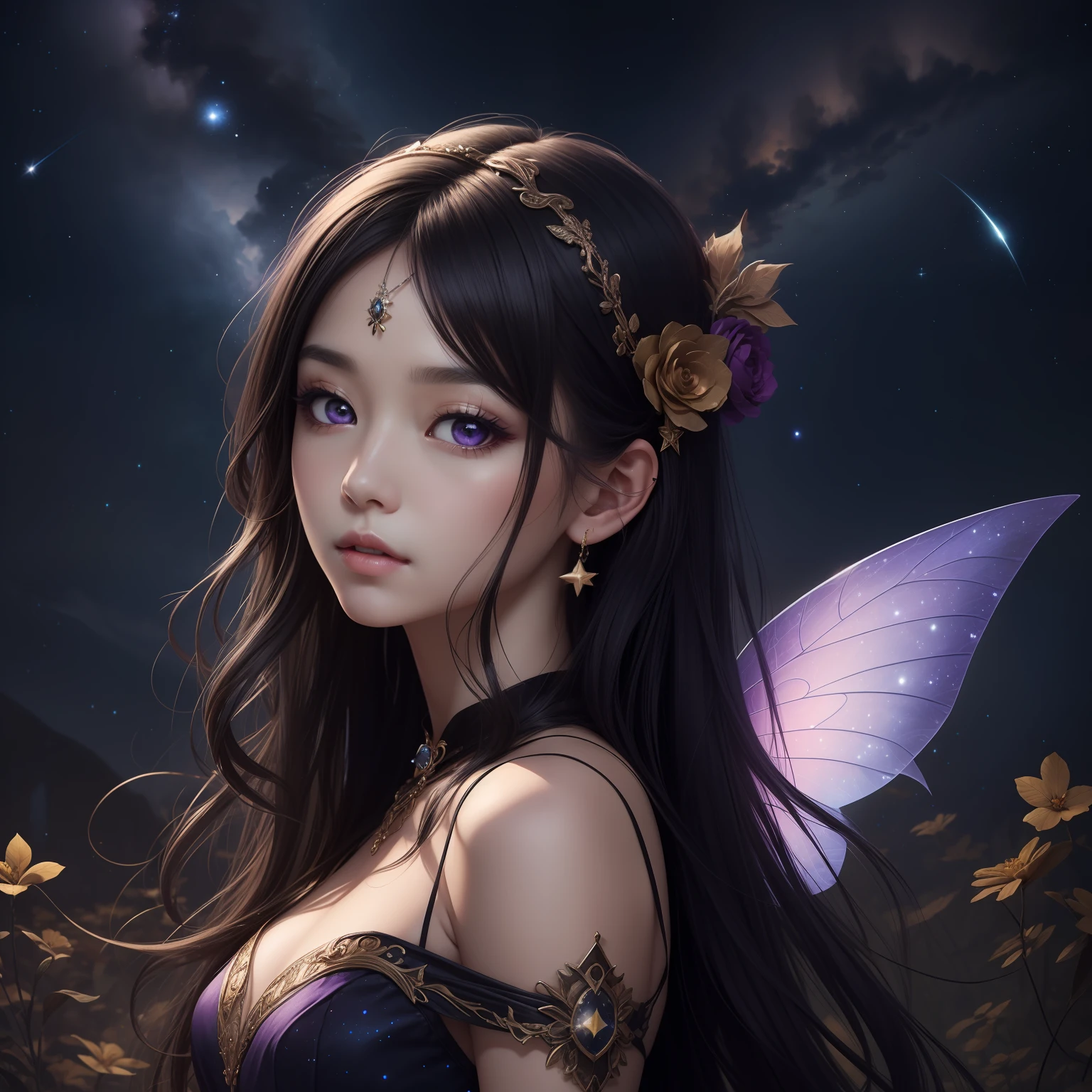 （​masterpiece）8K分辨率、top-quality、Dark Fairy、Jet-black hair、Purple eyes、Hazel eyes、Delicate body、fantasy-inspired、Starry sky background