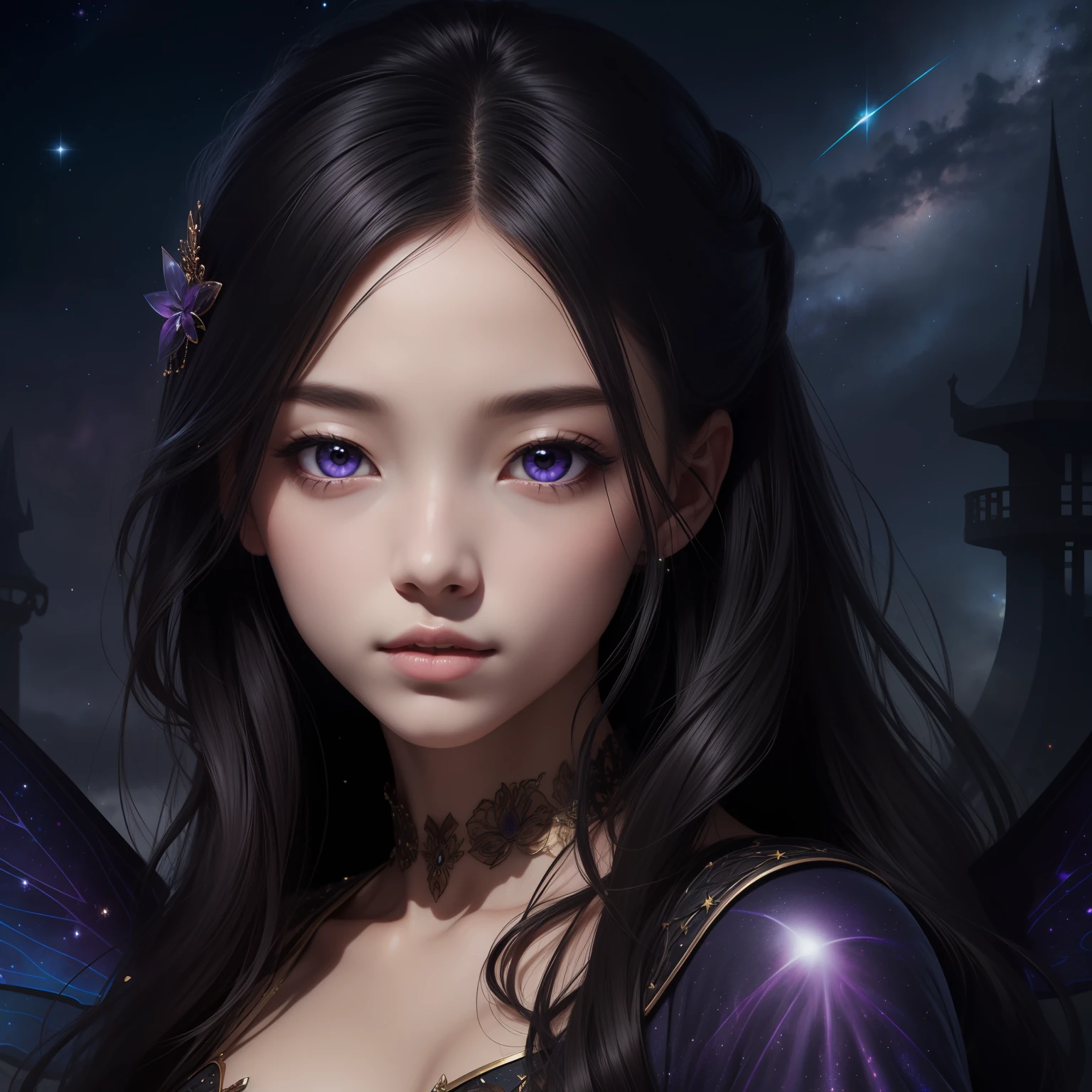 (masterpiece)8K分辨率、top-quality、Dark Fairy、Jet-black hair、Purple eyes、Hazel eyes、Delicate body、fantasy-inspired、Starry sky background