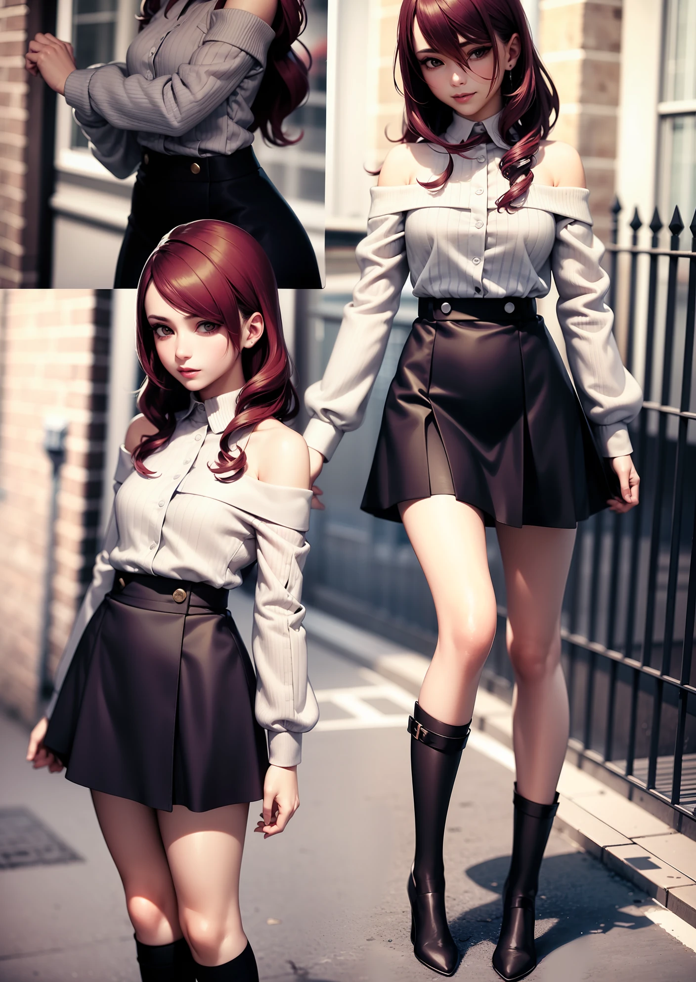 A white shirt with a one-neck collar, off-the-shoulder shirt，A small burgundy skirt below the slim waist and black over-the-knee socks