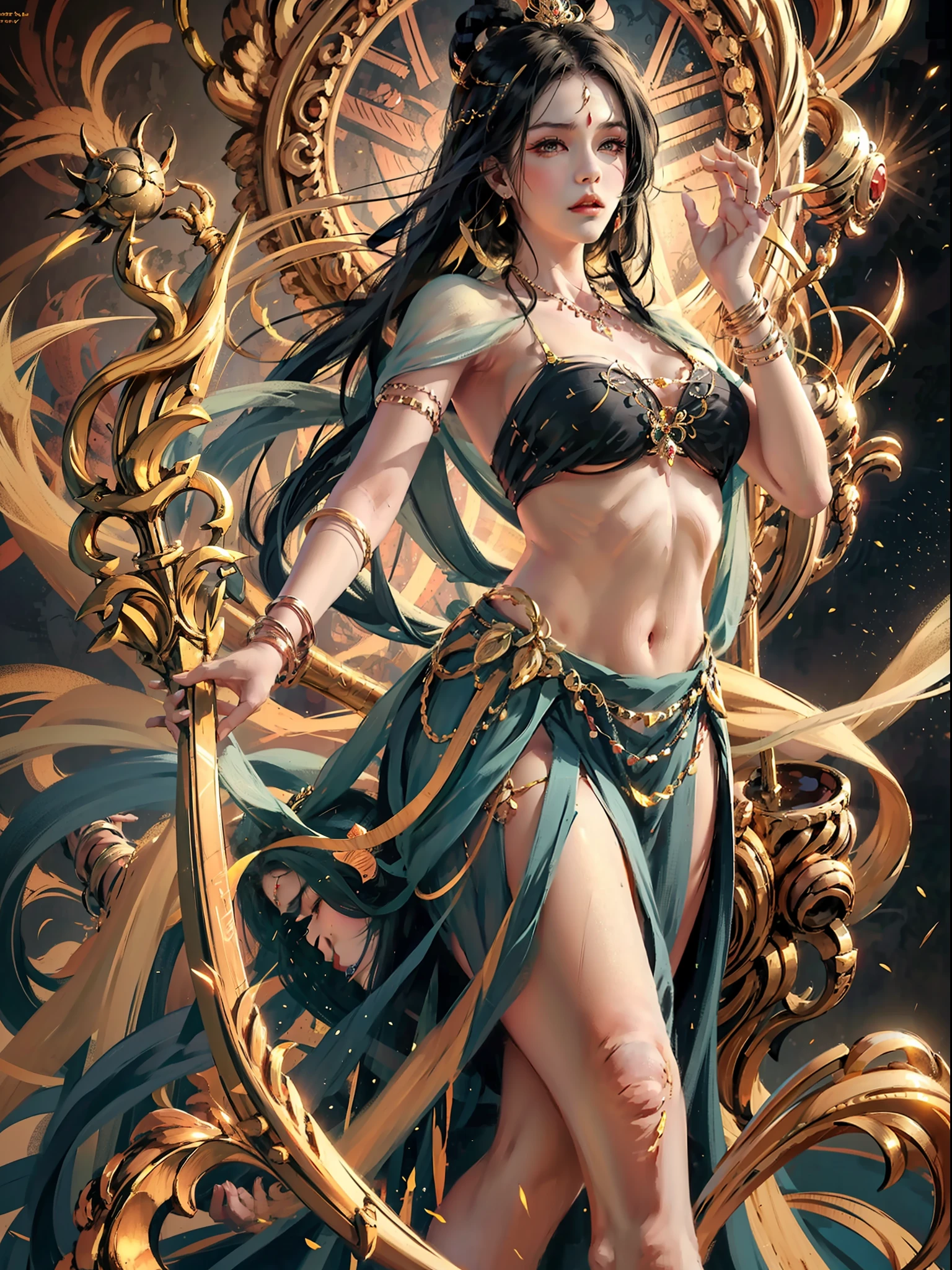 A masterpiece of an Indian princess, exquisite jewelry, delicate bracelet, delicate hair ornament, high on the feeling, aperture on the back, holding various weapons in her hand, looking up from the point of view, long legs,  feet, golden bracelet on the ankle, ancient indian costumes, gorgeous silk, flowing tulle, dazzling background, golden aperture behind, gold throne behind, best light, best shadow, movie lighting, mystery, background pure black with ring aperture, ultra HD, 8k, Fair skin, Wolp_style, duhuang_style, upper body close-up, detailed face, professional classical dance moves, 24 years old, 1girl, well-dressed, super long clothes, black hole background, , deep cleavage