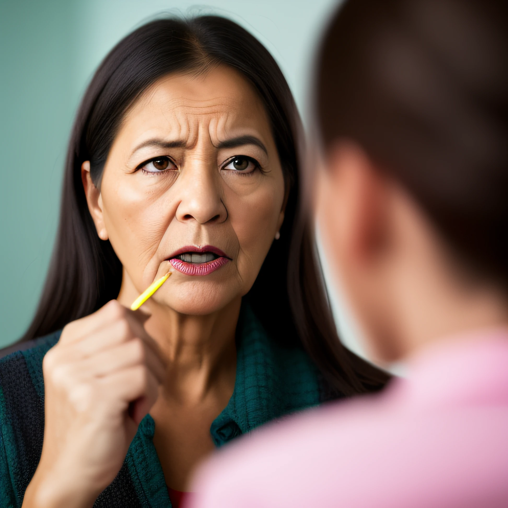 nagging mother,looking at viewer,lightly makeup,(photo-realistic：3),realistic photograph, with professional color grading, shot in 8K with a F2.4 aperture and 35mm lens,realistic face.