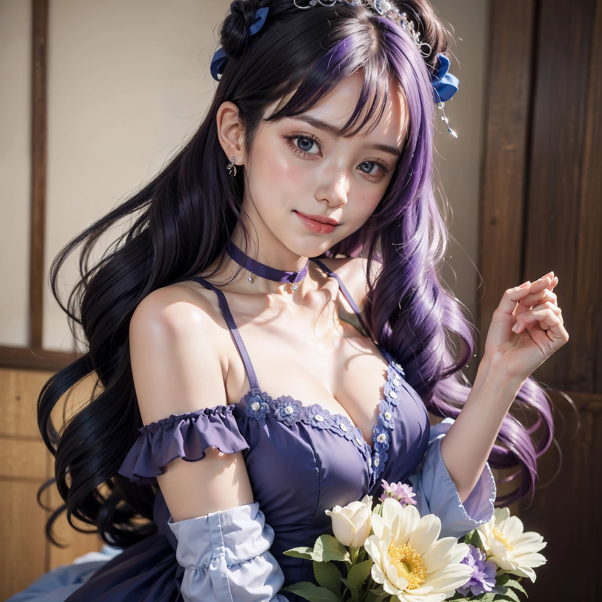 Colorful hair(Purple and blue gradient)、short twintails、Beautuful Women、beautidful eyes、Dazzling smile、Soft skin、Official art、masterpiece、Extremely delicate modeling、top-quality、Photorealsitic、8k picture、hiquality、large full breasts、Princess、Infant face(Rounded face)、Refreshing dresses、Floral ornament
