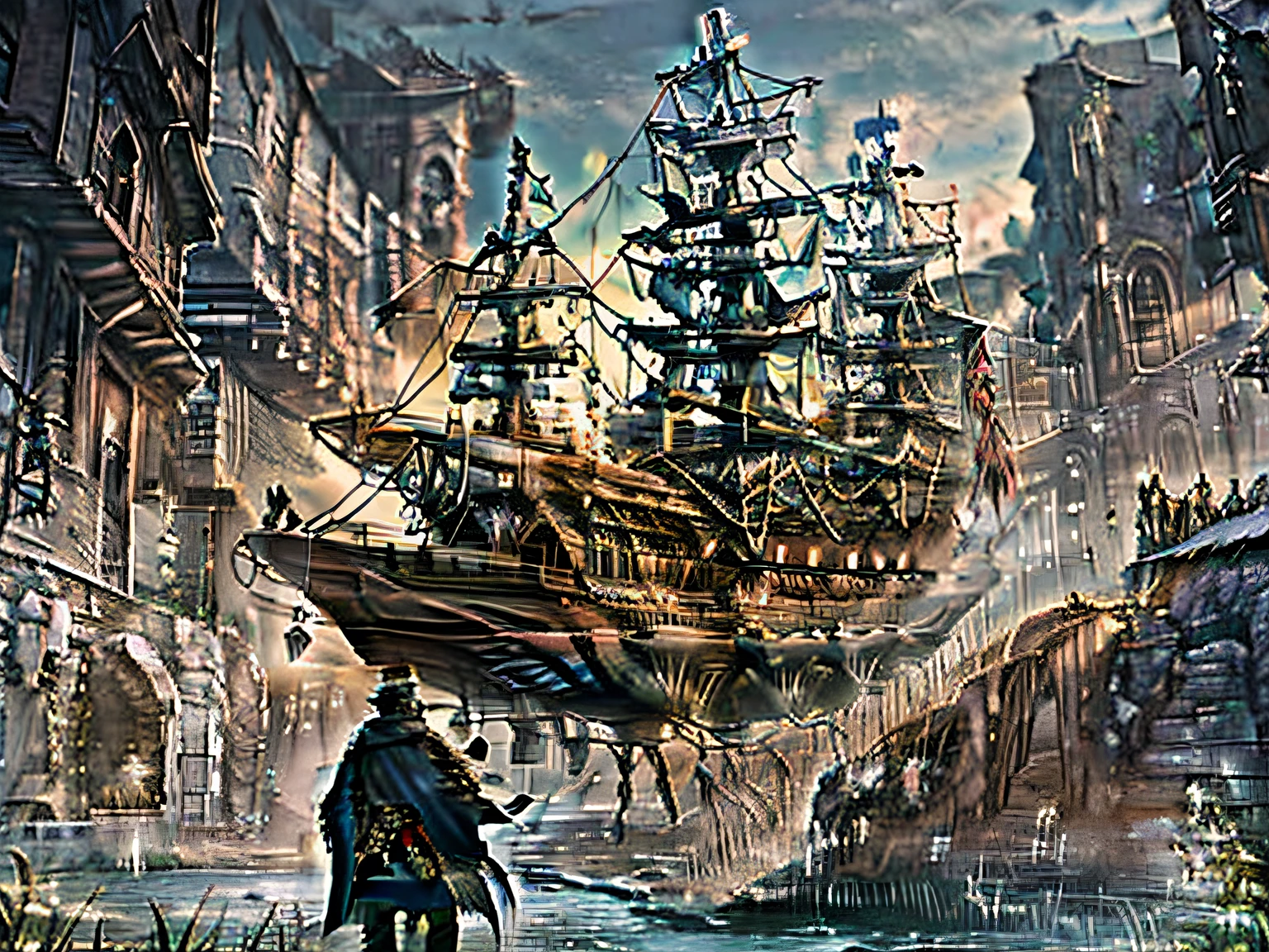 ((Best quality, Chinese cruise, Masterpiece)), Queen of the Sea, (The traditional Chinese light boat travels through the realm of Chinese dreams), (Sea monster AND yellow dragon head festival that looks like a verdant ship, Chinese elements:0.9), metals。