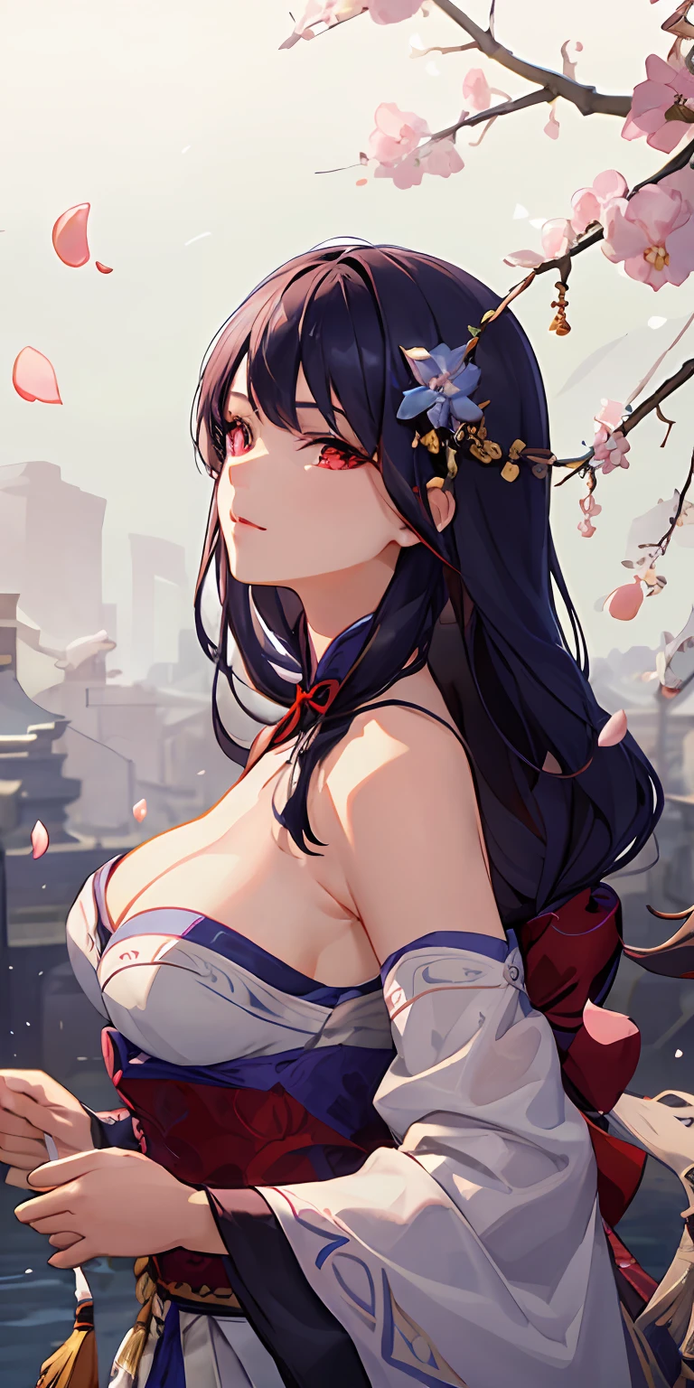 (masterpiece:1.3),intricate, (best quality:1.1), ((1girl)), ((solo)), (red eyes:1.4), (finely detailed eyes and detailed face:1.3), (beautiful and clear background:1.2), (extremely detailed CG, ultra-detailed, best shadow:1.1), ((depth of field)), ((watercolor)), ((bamboo forest)),(rich background),(goddess:1.5), (Chinese style),(Han Chinese Clothing:1.3),(Swordsman: 1.3),(swordsman:1.5),large breasts, bare shoulders,flowers,(petals), beautiful concept illustration, (white background:0.5), (illustration:1.1), (extremely fine and beautiful:1.1), (perfect details:1.1), from side, cowboy shot,(red:0.4,blue0.3,green:0.7)