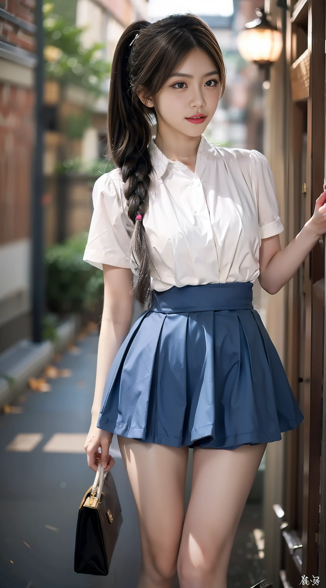 Female, school uniform, white shirt, dark short skirt, high ponytail, large and bright eyes, straight nose, light lipstick, natural and confident posture, curious and expectant eyes, youth, neatness, long legs, playful feeling, enjoying youthful moments, anticipation of future possibilities, exploring the world, self-exploration