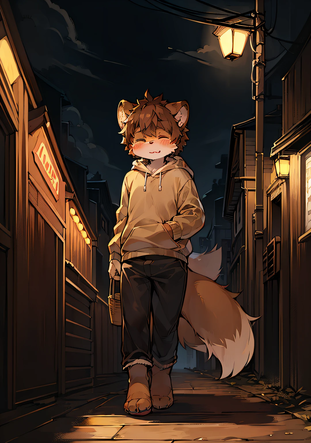 eyes with brightness，in a panoramic view，Character focus，detailedbackground（Weight 0.7），独奏，shaggy male，malefocus，13 year old，Kittens，anthr（Weight 1.2），Full Body Furry，Fluffy tail，White fur，Golden eyes，White color hair（Weight 1.2），Long felines（Weight 1.2），The street is lined with high-rise buildings，Traffic flow，The interior is brightly lit（Weight 1.2），Ultra-fine and sophisticated design（Weight 1.2），Cinematic shooting effects
