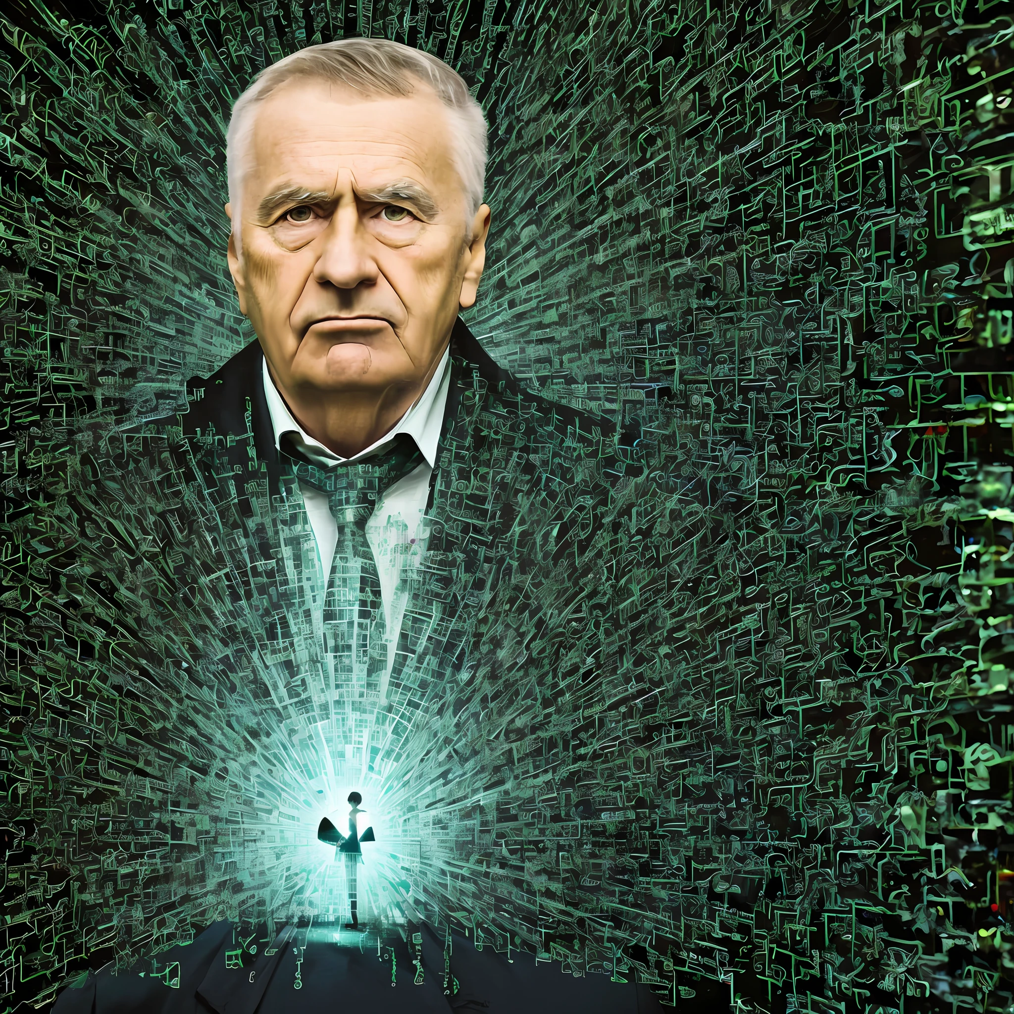 A photographic portrait of an old man was chosen alone, A world of digital symbols, black and green colors, Matrix, Matrix style