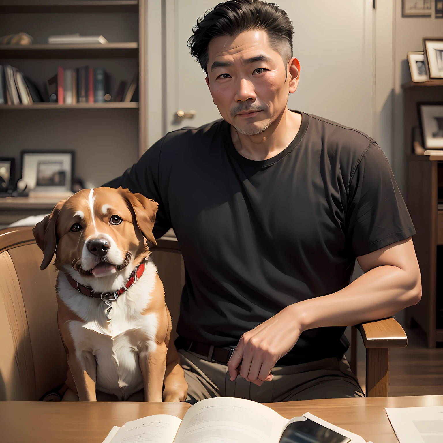 An Asian man, man in his 40s, slightly gray hair, brown eyes, black shirt, sitting in front of a bookcase, holding a dog beside him, 50mm lens portrait, 50mm portrait , old man 50 years old, photo of man, photo taken with sony a7r, portrait shot 8k, taken with sony alpha 1 camera --auto