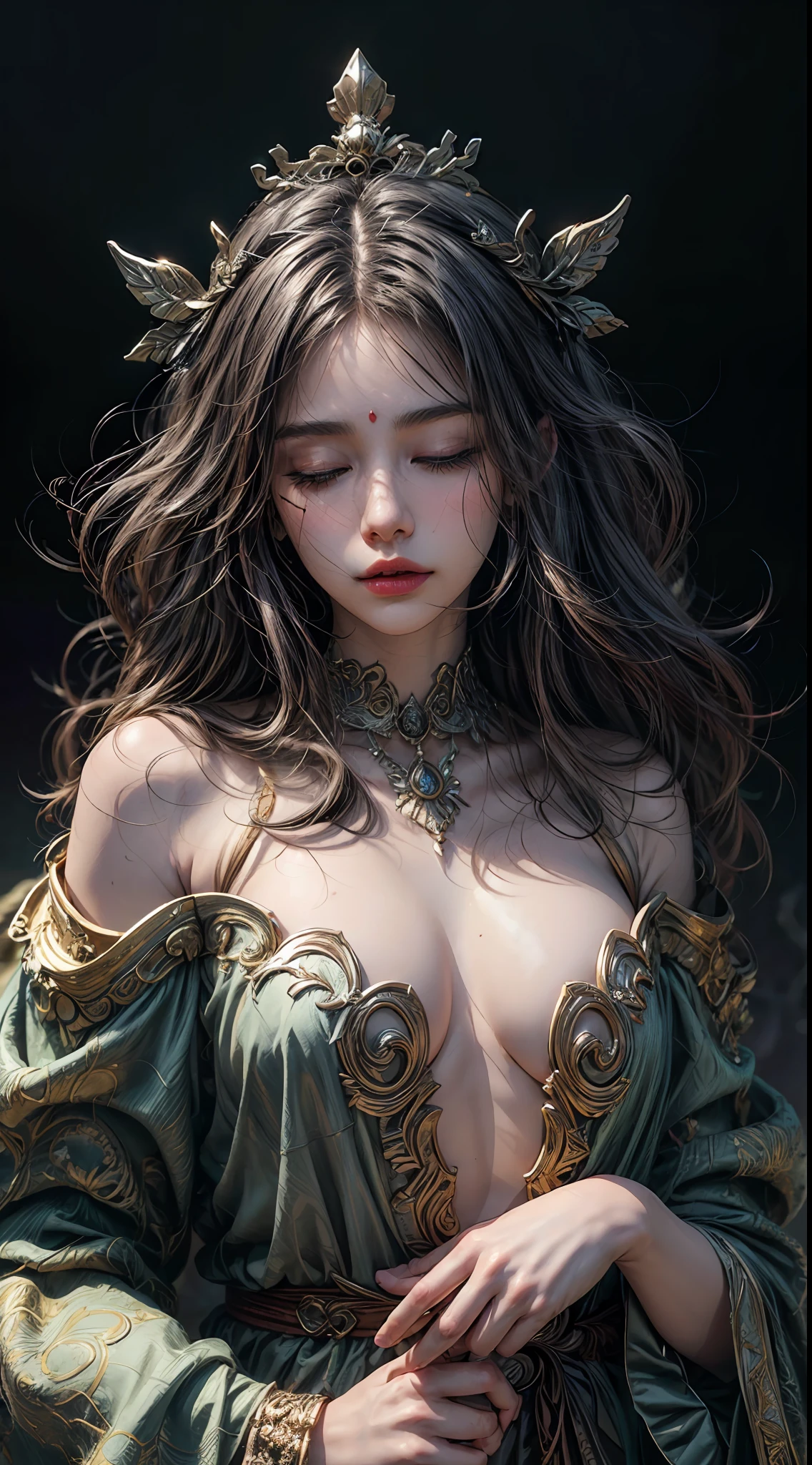 (extremely detailed, masterpiece), 8k wallpaper CG, (Ageless beauty:1.2), graceful, meditation, eyes closed, tranquil temple, peaceful, surrounded by (otherworldly:1.3), (fantasy realm:1.4), spiritual, high resolution, delicate, floating, mystical, depth of field, HDR, intricate