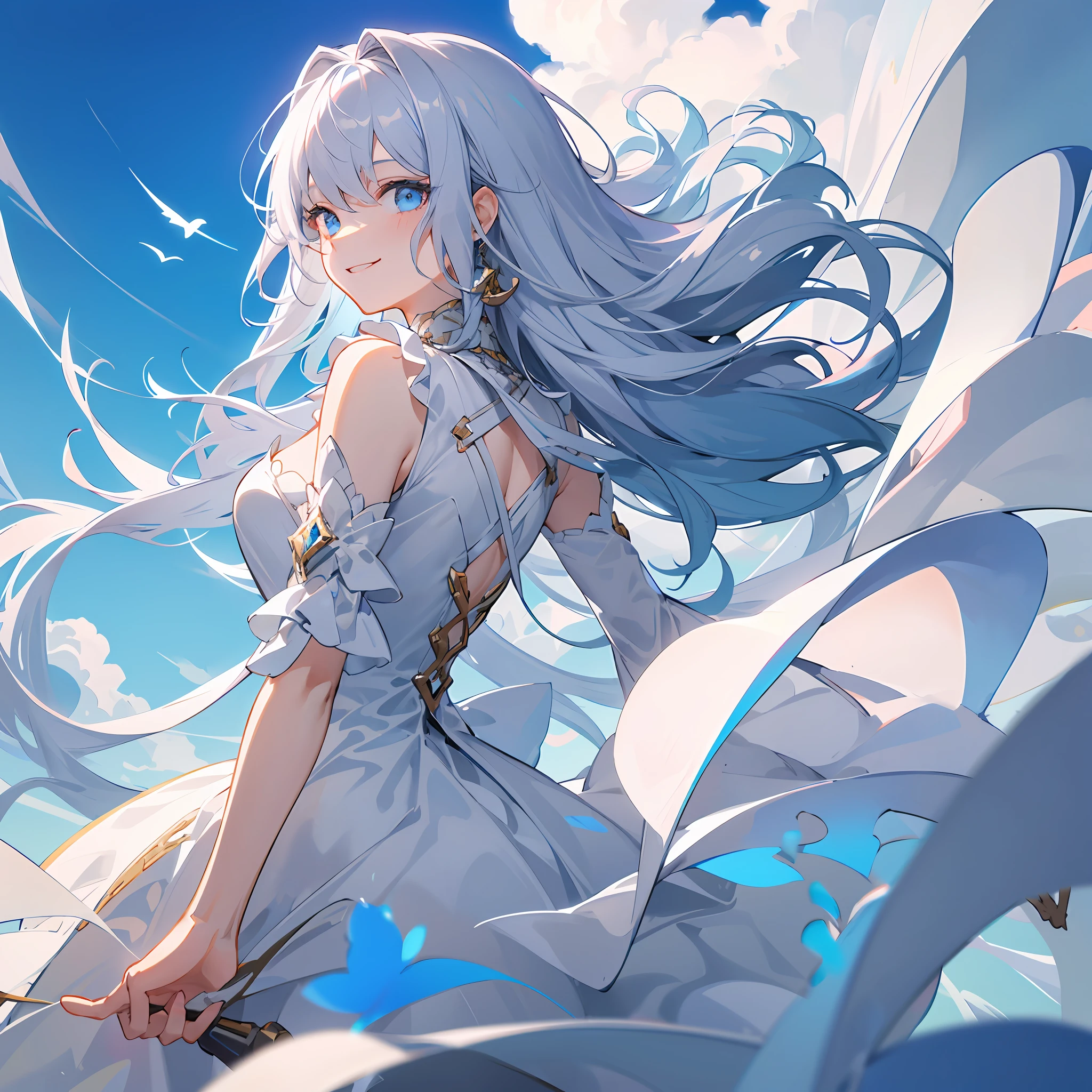 Woman in white dress, And her eyes are a bright shade of blue. The background depicts a vivid vast sky with large clouds. Girl is smiling, Eta、The overall illustration has transparency and clarity. Located on a hill.((Hair color is silver))