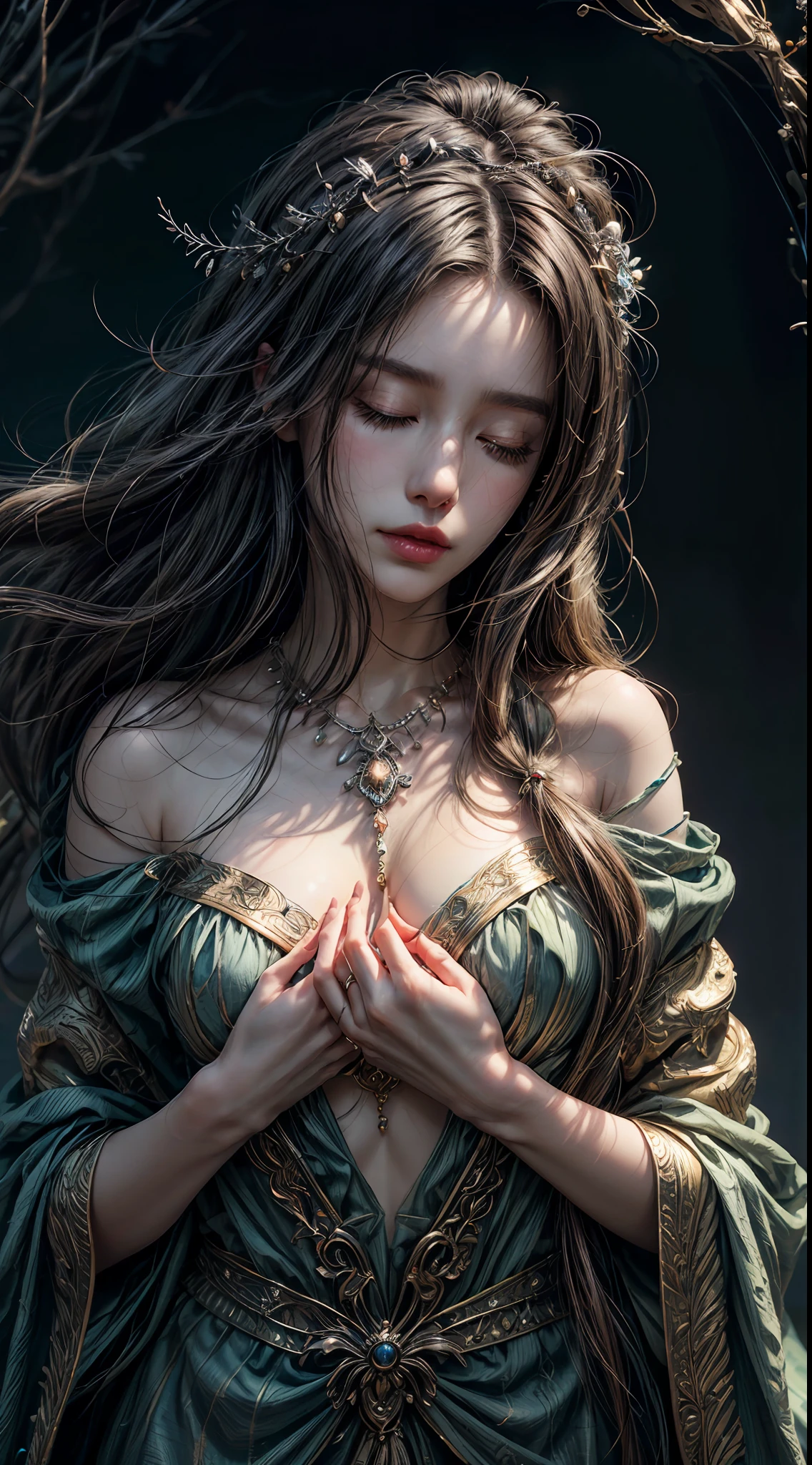 (extremely detailed, masterpiece), 8k wallpaper CG, (Ageless beauty:1.2), graceful, meditation, eyes closed, hand on chest, tranquil temple, peaceful, surrounded by (otherworldly:1.3), (fantasy realm:1.4), spiritual, high resolution, delicate, floating, mystical, perfect face, depth of field, HDR, intricate