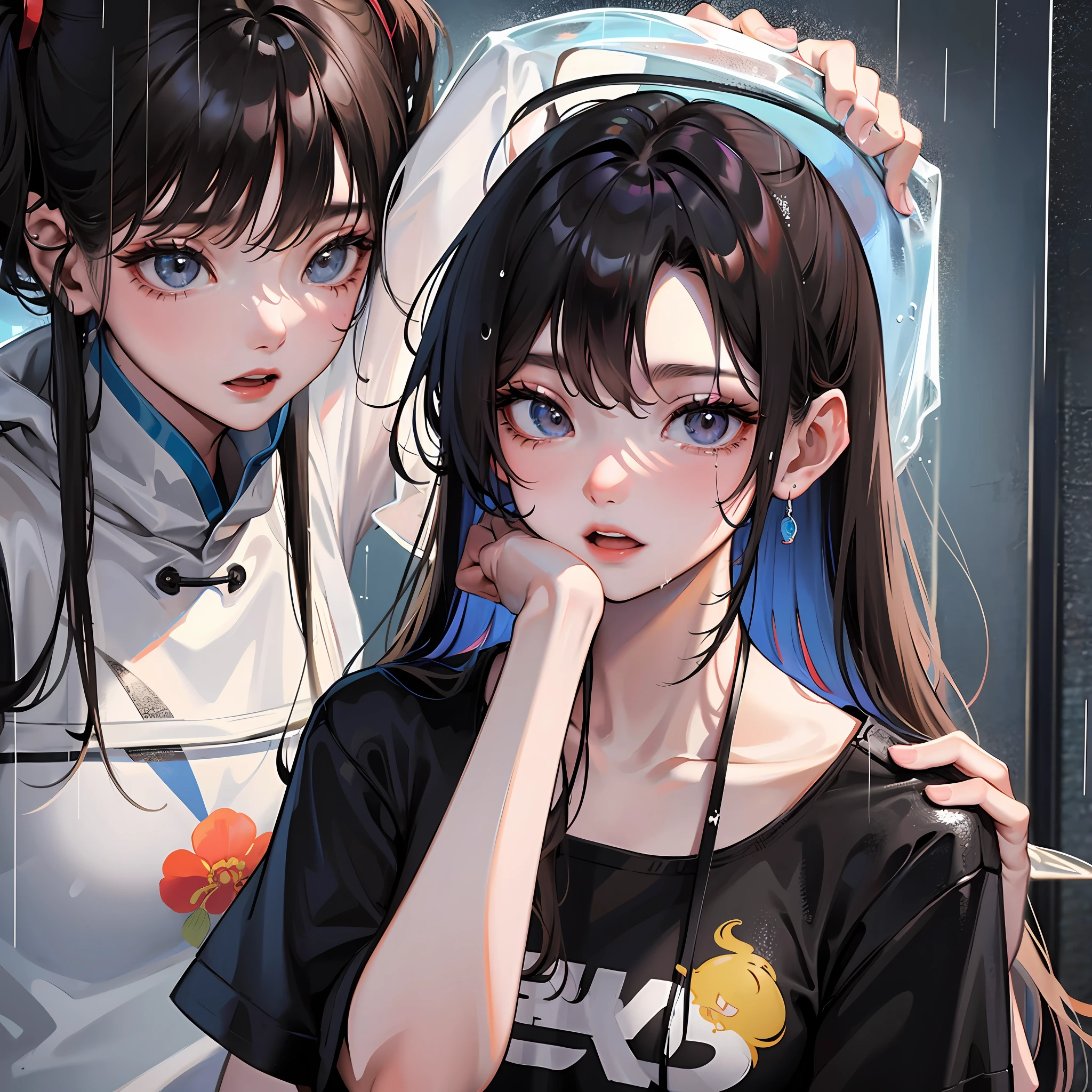 A 16-year-old Chinese girl soaked in the rain,The face is a bit like crying,Wear short sleeves --auto